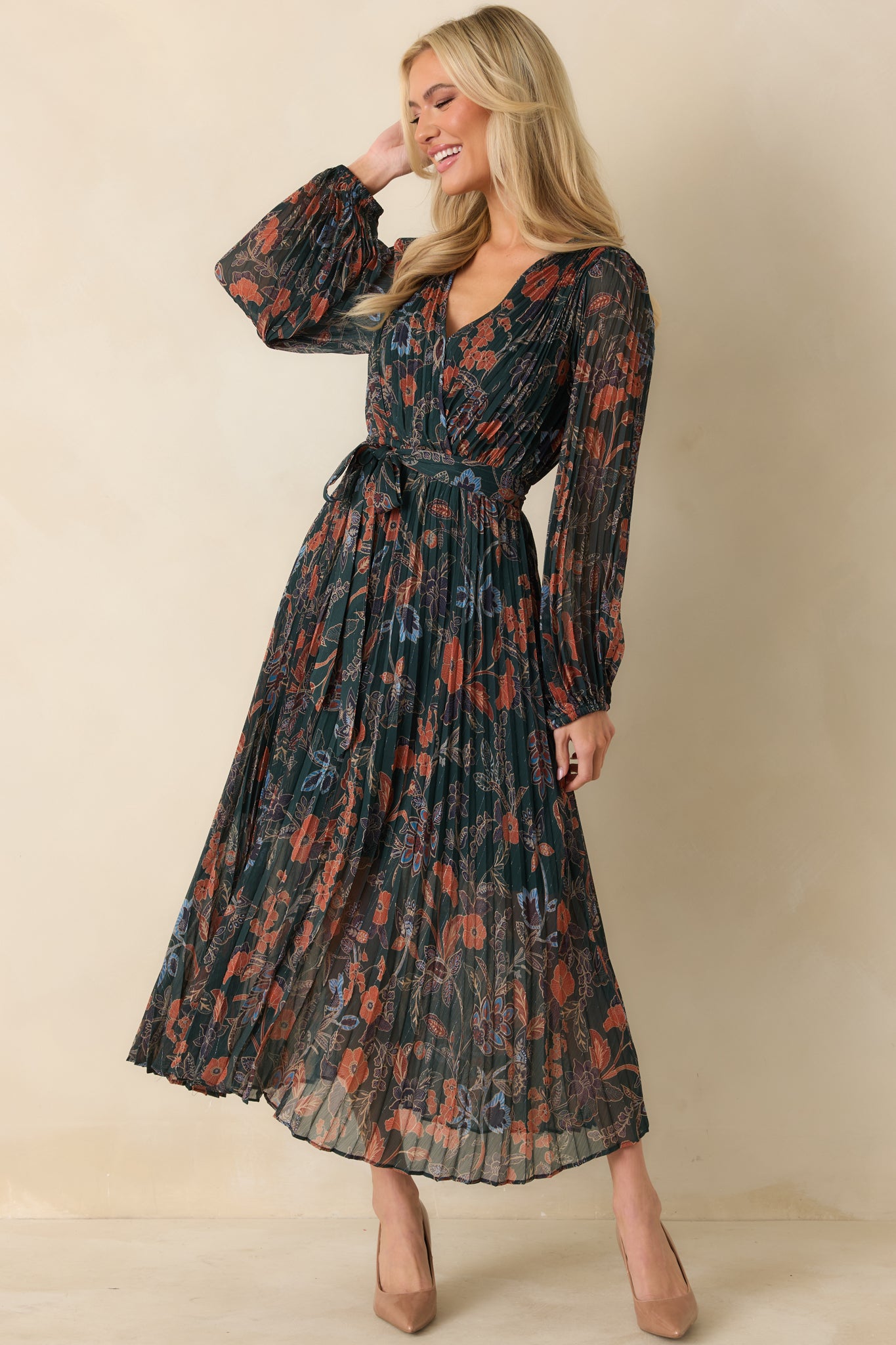 Dark Green Multi Floral Pattern Pleated Maxi Dress - All Dresses | Red Dress Dark Green Multi Floral Pattern Pleated Maxi Dress - All Dresses | Red Dress