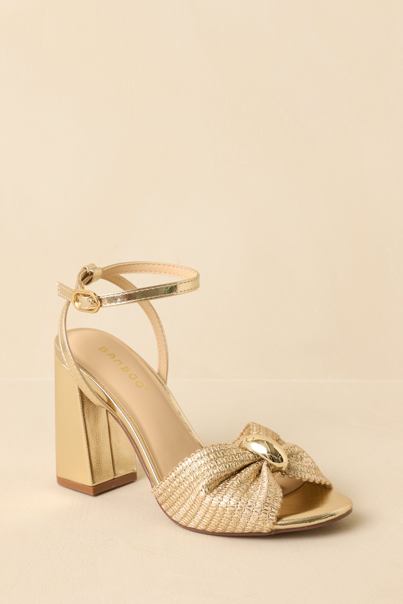 Women's Charmed I'm Sure Gold Woven Bow Block Heel Sandals | Size: 7.5