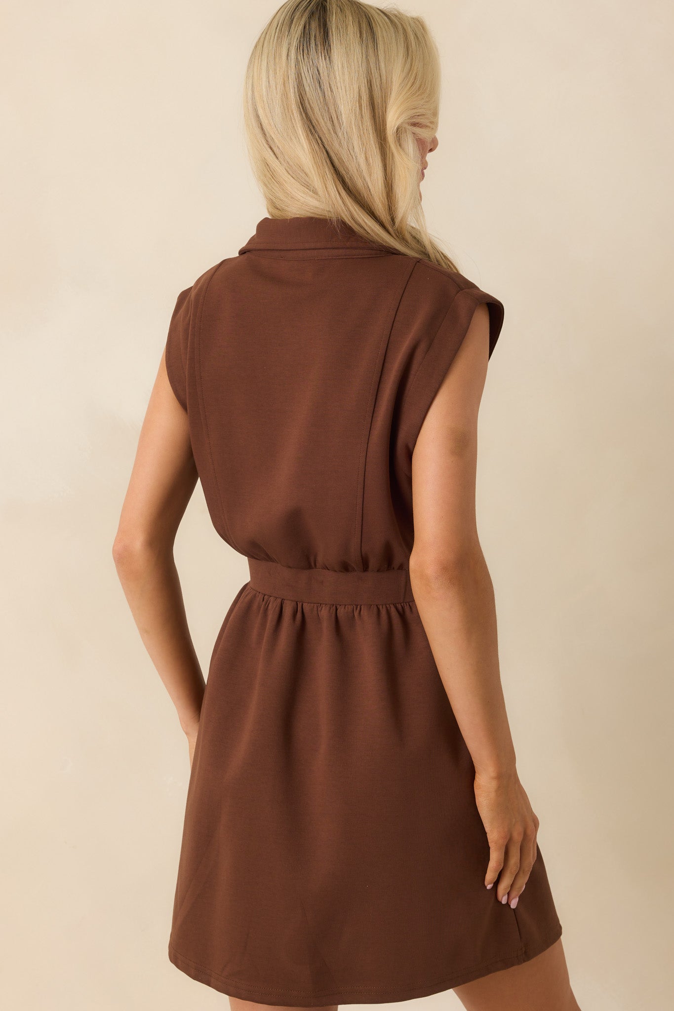 Back view of the brown mini dress showing the paneled design and smooth fit over the back.