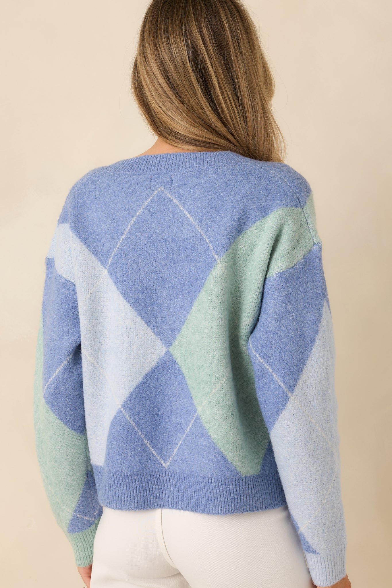 Back view of the blue multi-knit argyle sweater highlighting the long sleeves and ribbed hem.