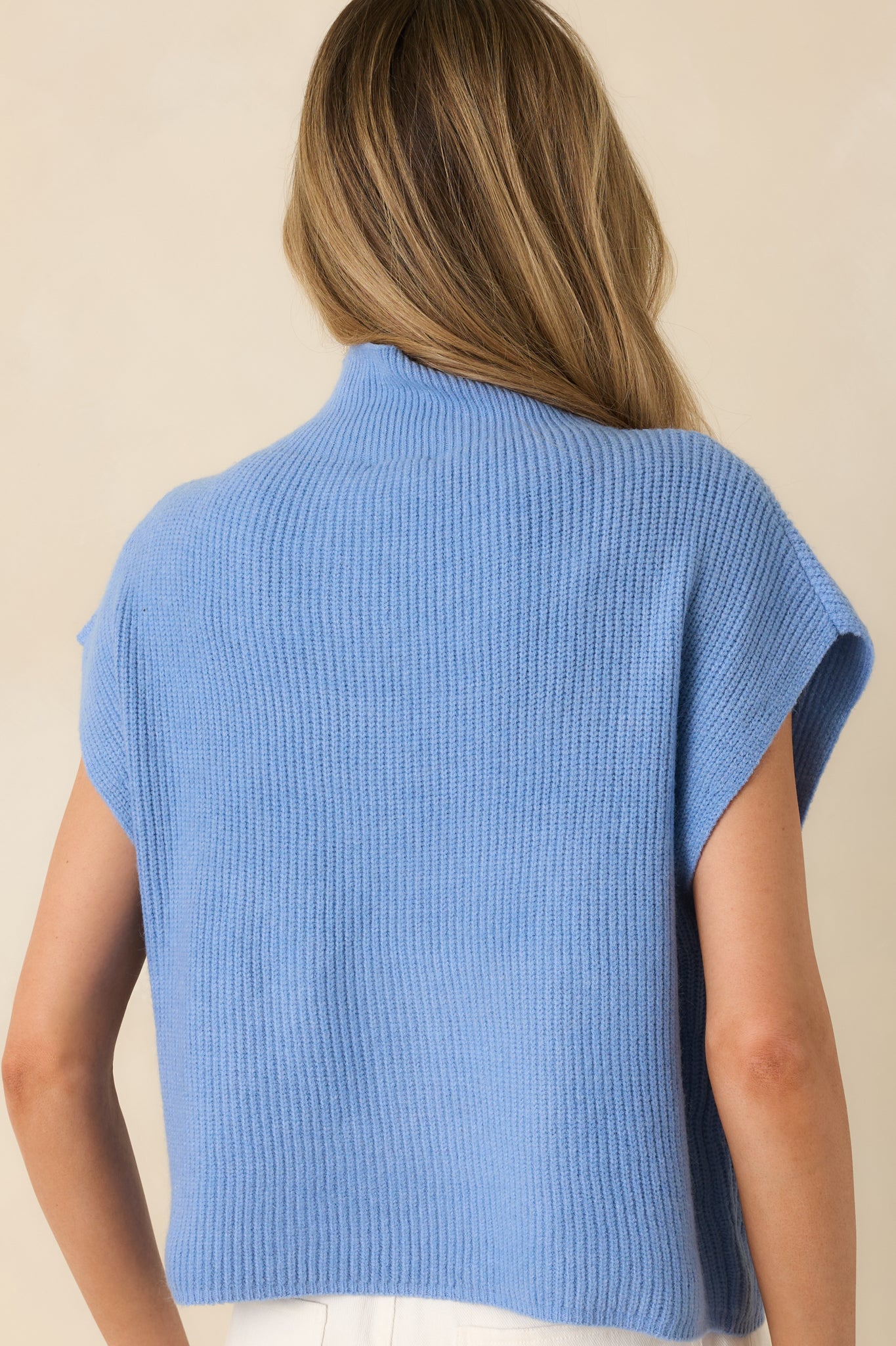 Back view of the blue ribbed knit sweater showing consistent vertical ribbing and a clean, relaxed hemline.