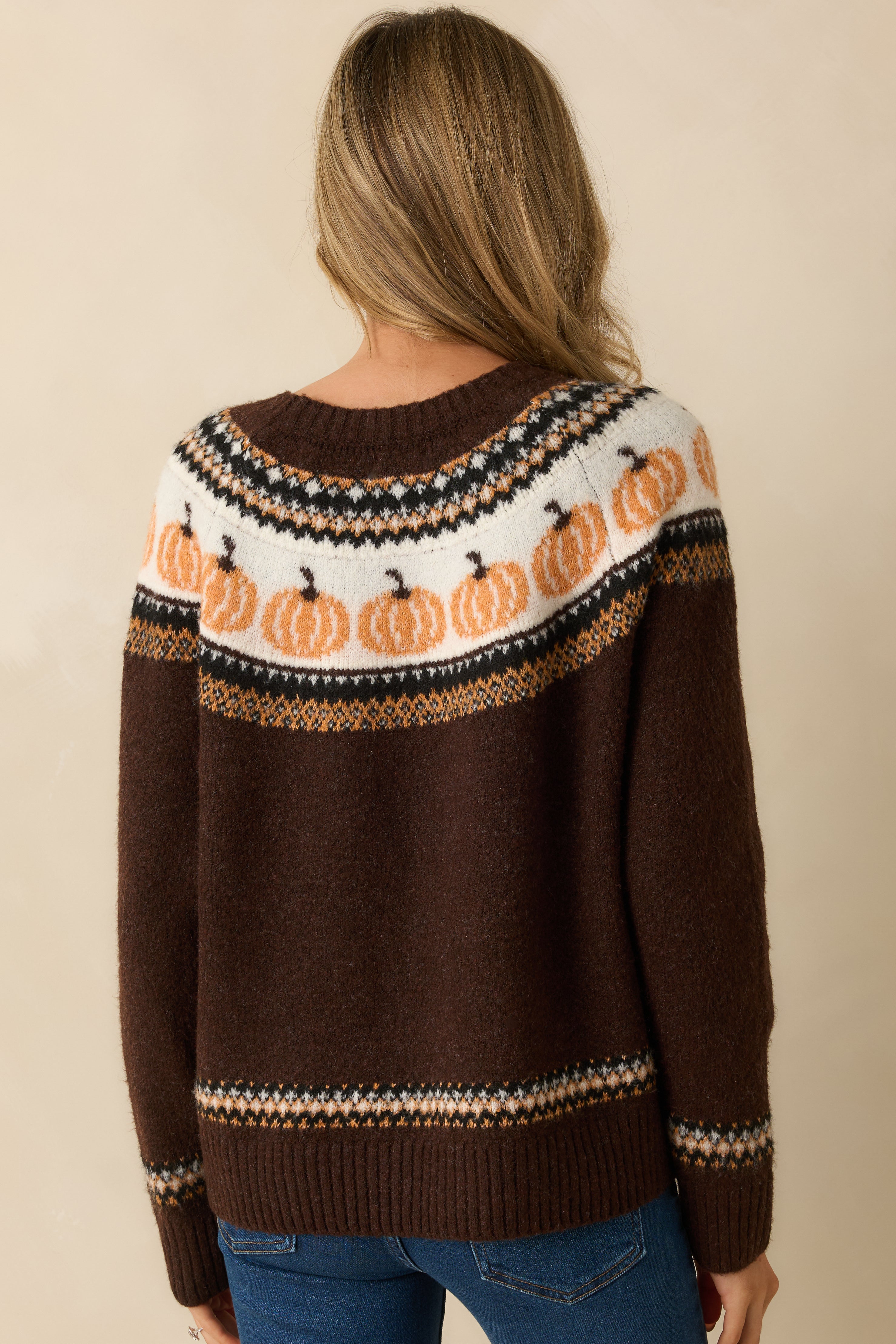 Back view of dark brown knit sweater with a festive pumpkin fair isle design in ivory and orange across the chest and sleeves.