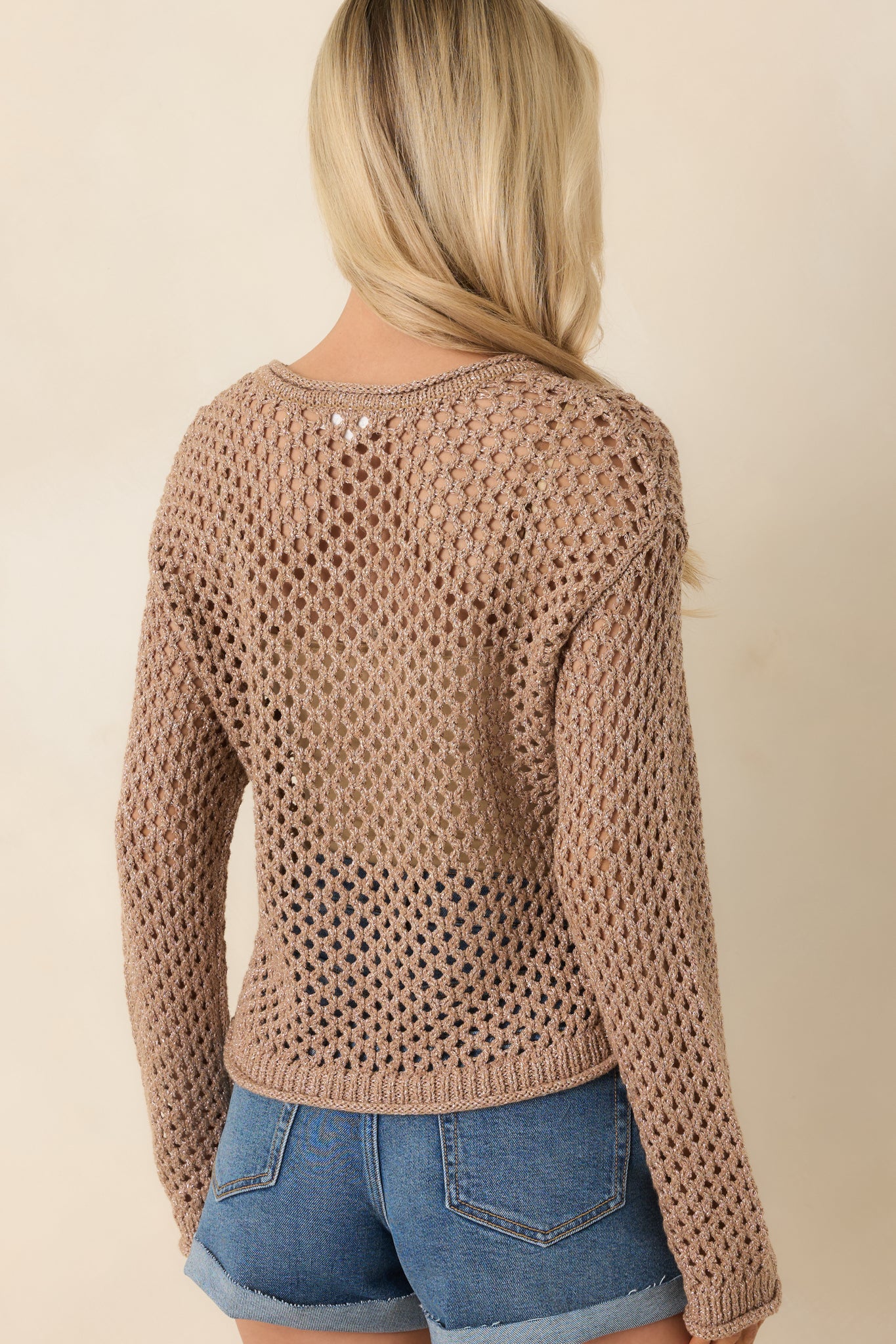 Back view of mocha lightweight crochet sweater featuring open-knit design, long sleeves, and ribbed trim along the hem.