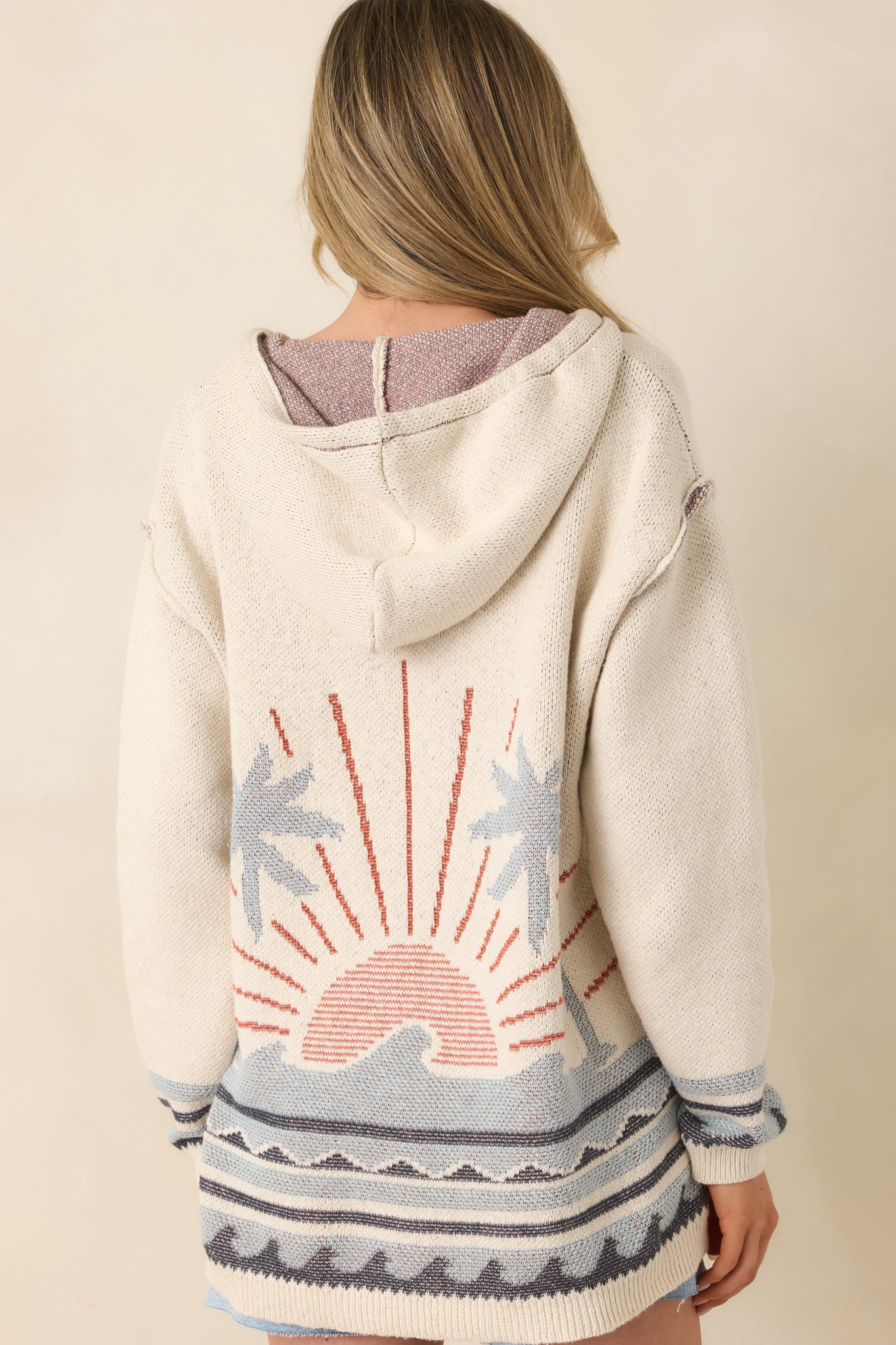 Back view of ivory and blue jacquard cotton hoodie featuring an attached hood, relaxed fit, and long sleeves with ribbed cuffs