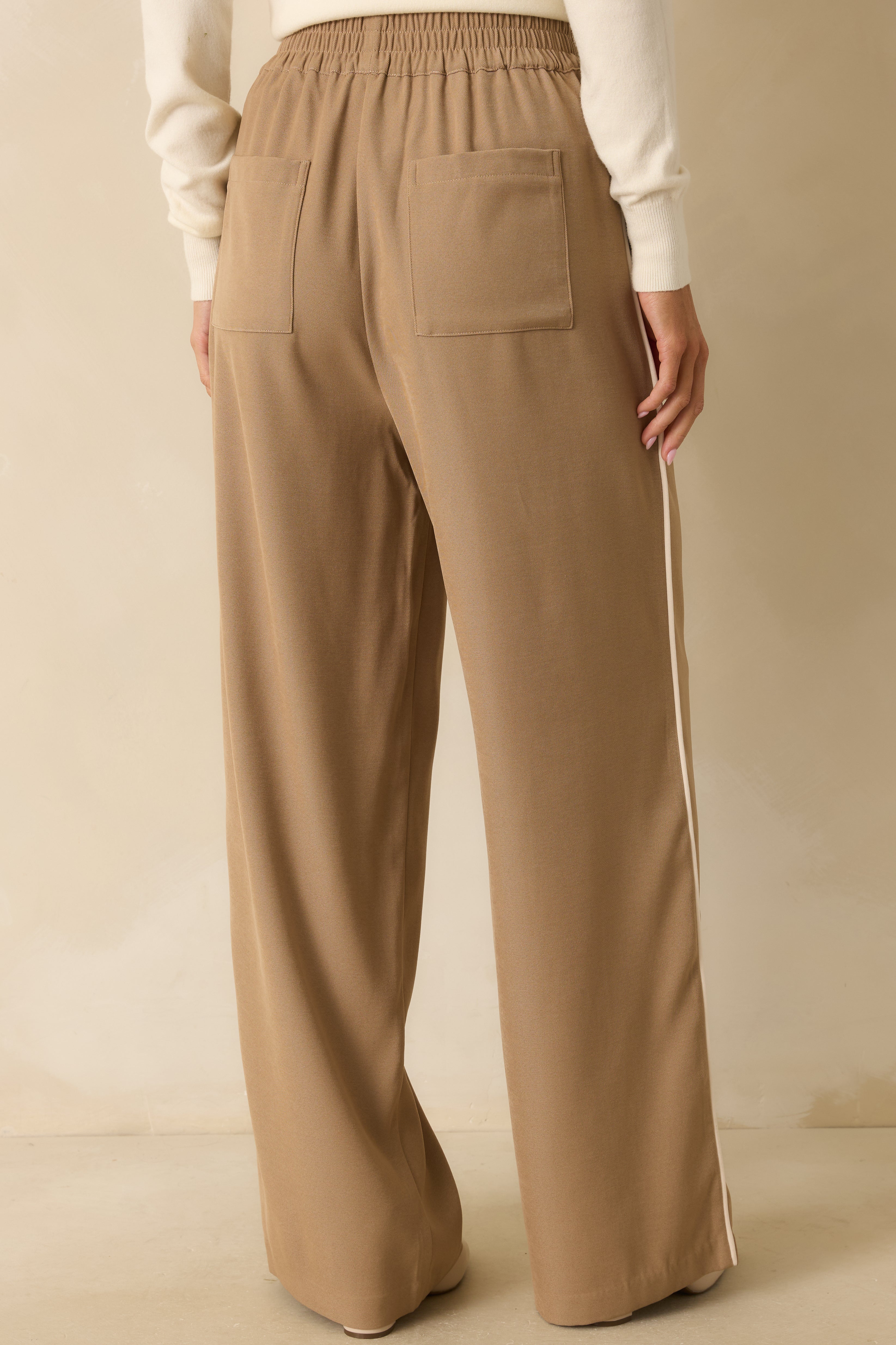 Back view of the pants displaying the back pockets, elastic waistband, and wide leg silhouette.