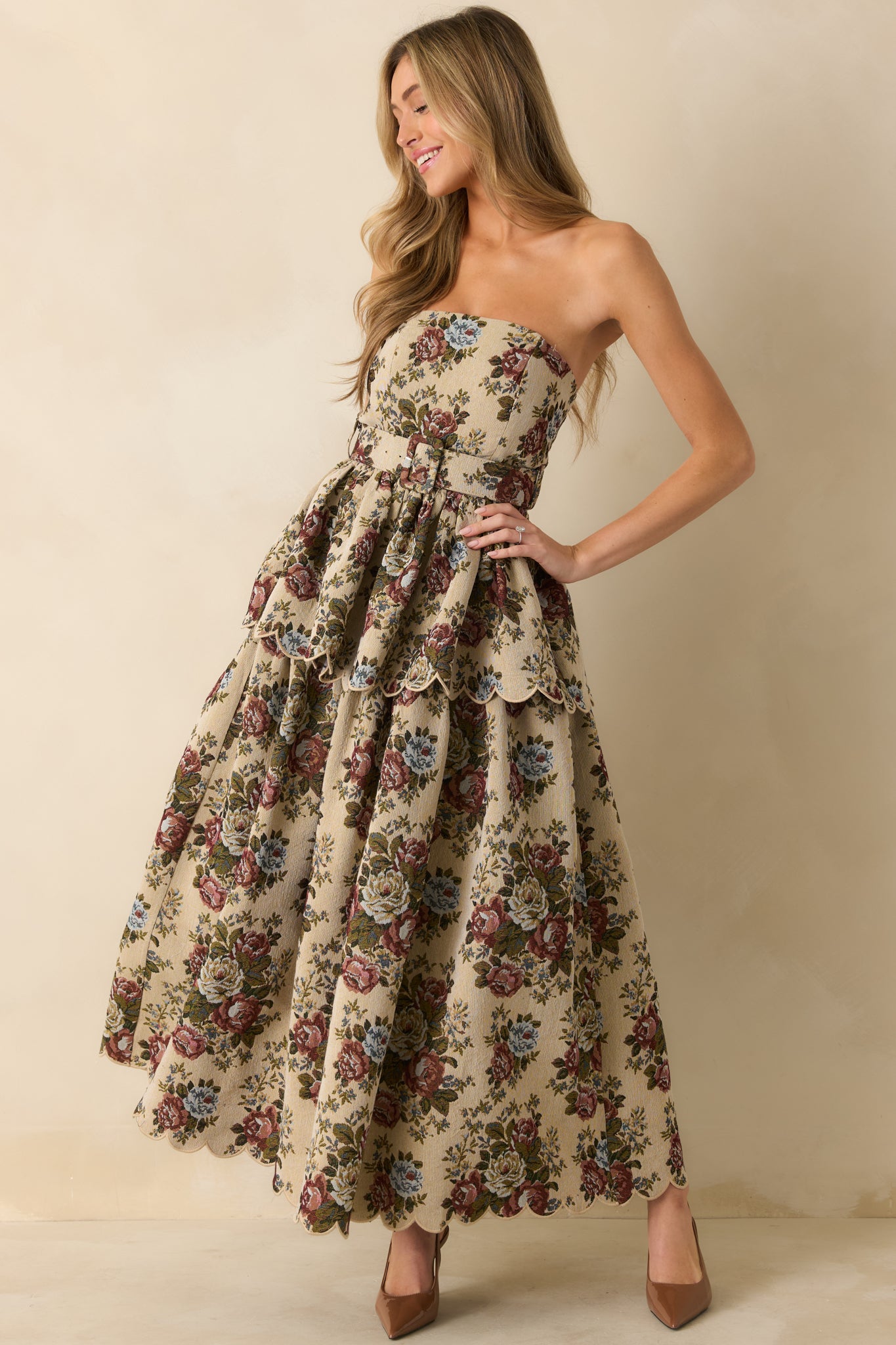Beige Multi Floral Tapestry Strapless Midi Dress - All Dresses | Red Dress Beige Multi Floral Tapestry Strapless Midi Dress - All Dresses | Red Dress