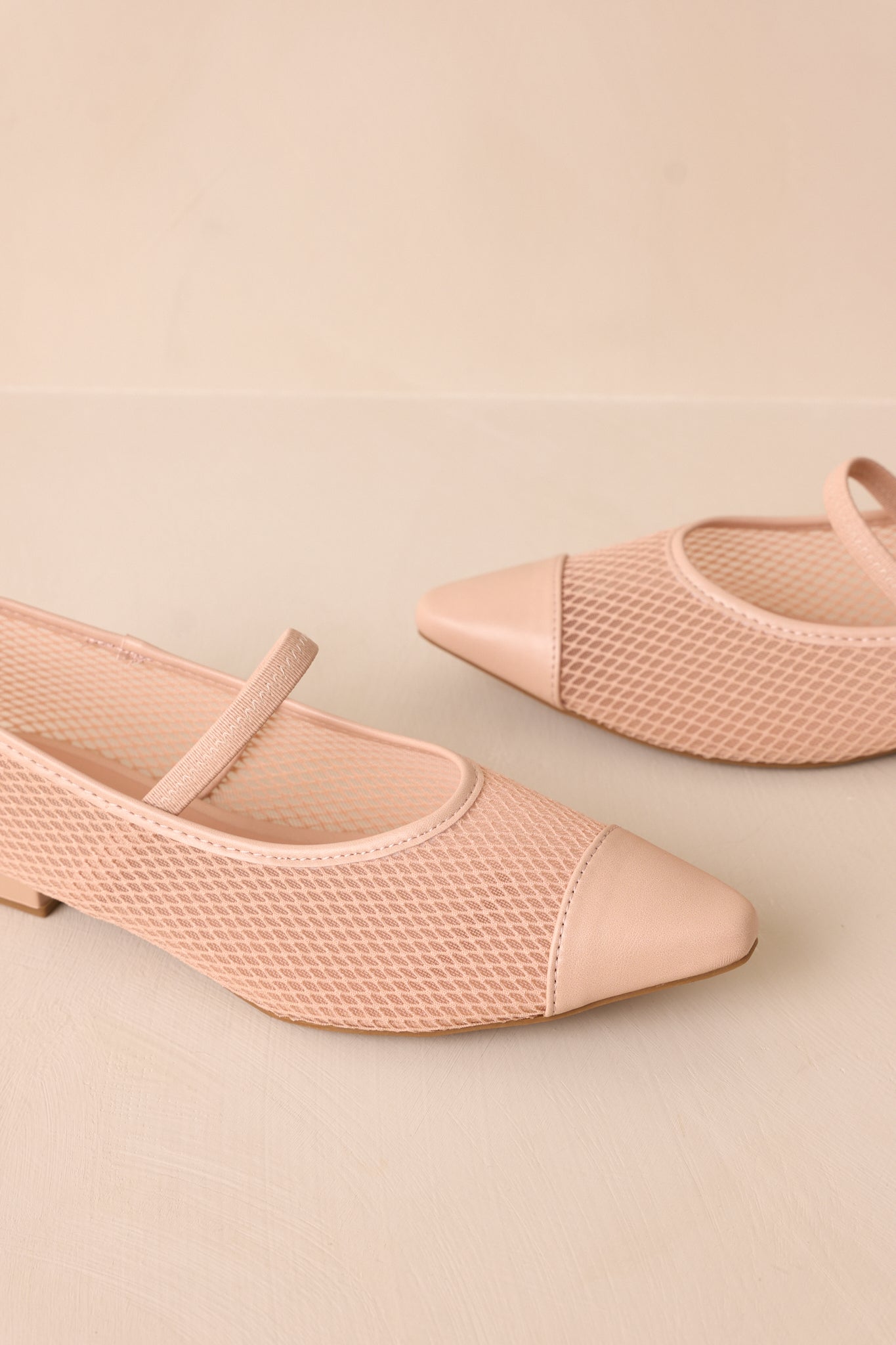 Cropped angle of the beige flats emphasizing the pointed toe and cushioned sole.