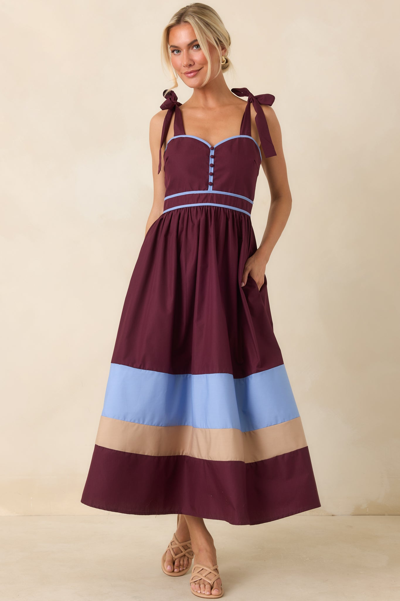 Worth the Detour Berry & Powder Blue Contrast Midi Dress | Entro