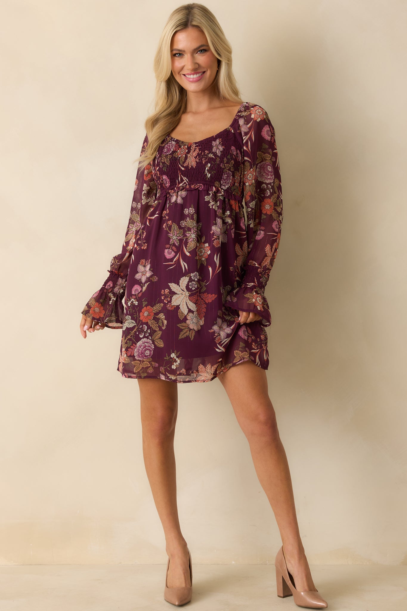 Berry purple floral chiffon mini dress front view with relaxed silhouette and lined bodice.