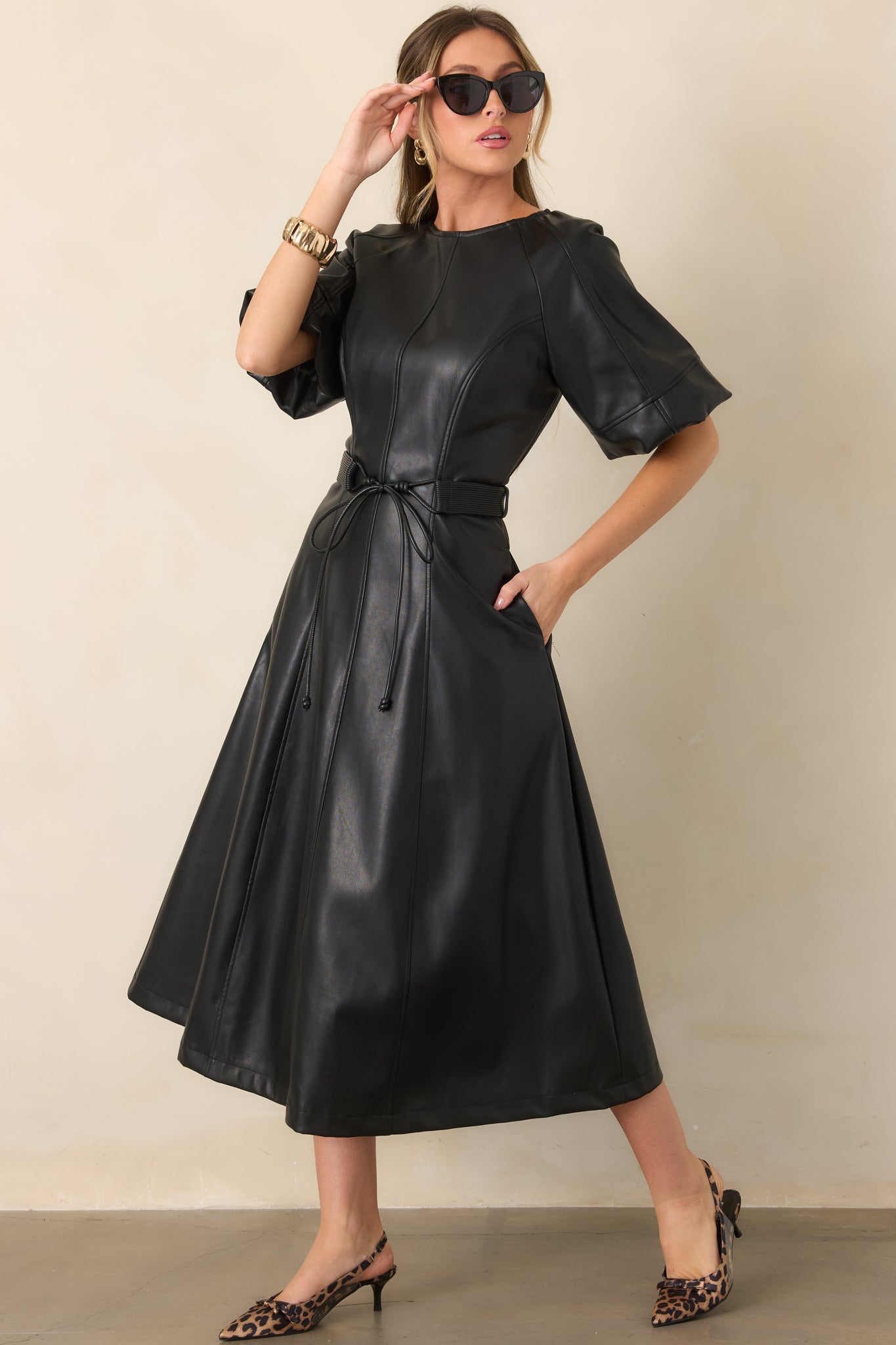 short sleeved black dress Women's Something to Behold Faux Leather Sleeve Belted Midi | Size: L Plus Size Birthday Dress 2017 prom dress US Size:5-6Y and black