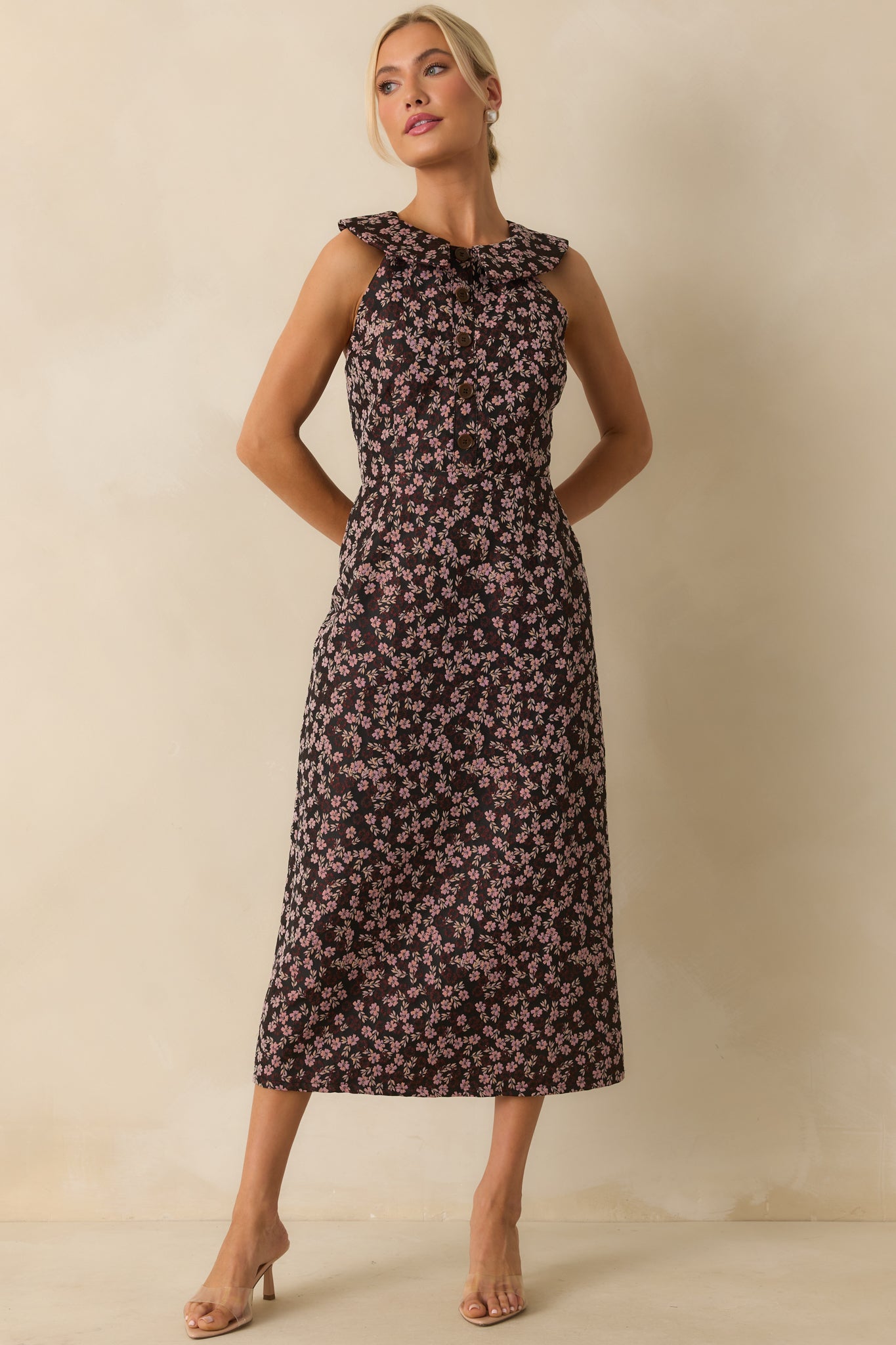 Black and pink jacquard midi dress with clean lines and tailored fit.