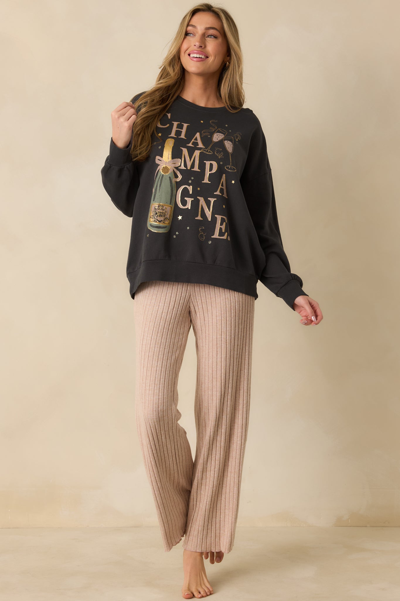 Z Supply Vintage Black Cotton Celebrate Champagne Sweatshirt | Red