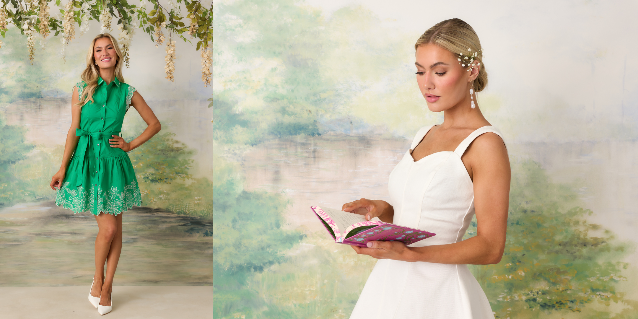 Two images of a woman in different dresses against a scenic background. The first is a sleeveless, kelly green mini dress with embroidery details on the hem. The other is a sleeveless, white mini dress.