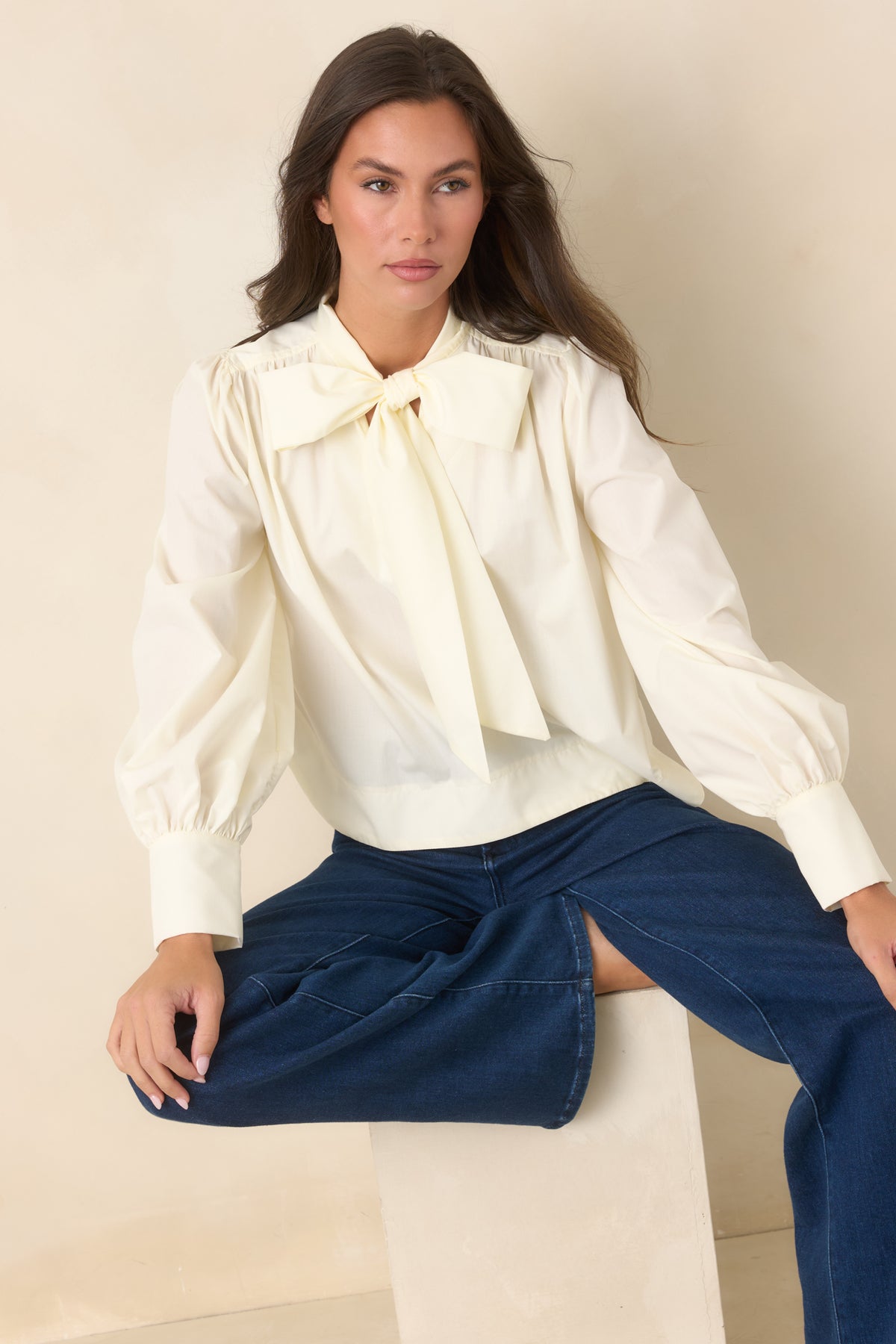 Statement tie detail defines the neckline of this blouse with softly gathered shoulders.