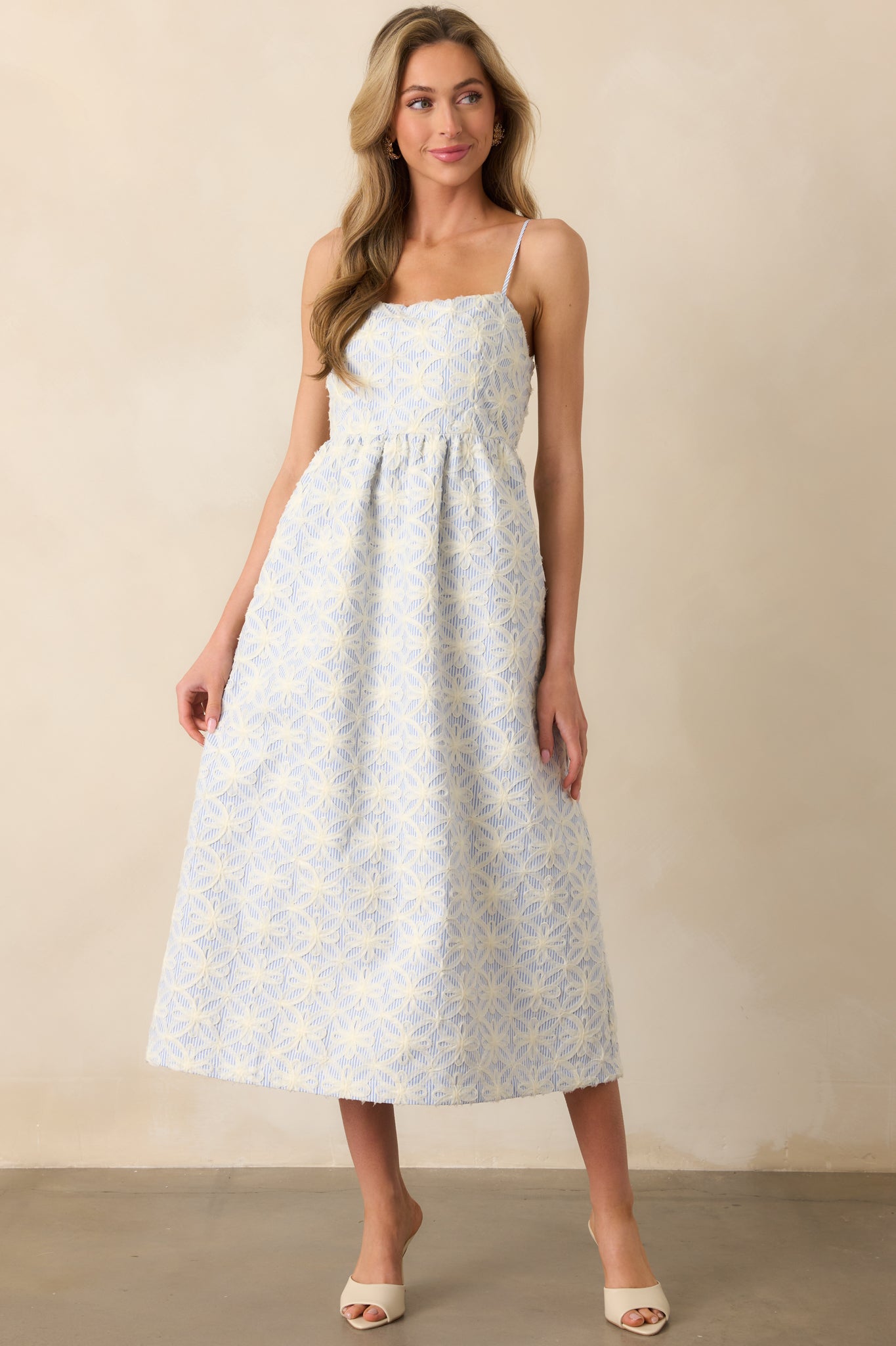 Light Blue Stripe Floral Appliqu Dress - Midi Dresses | Red Dress Light Blue Stripe Floral Appliqu Dress - Midi Dresses | Red Dress