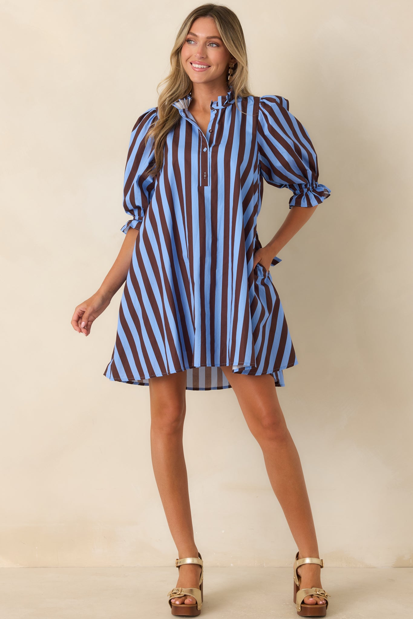 Women's Entro Here's the Plan Blue & Brown Stripe Cotton Mini Shift Dress | Size: L