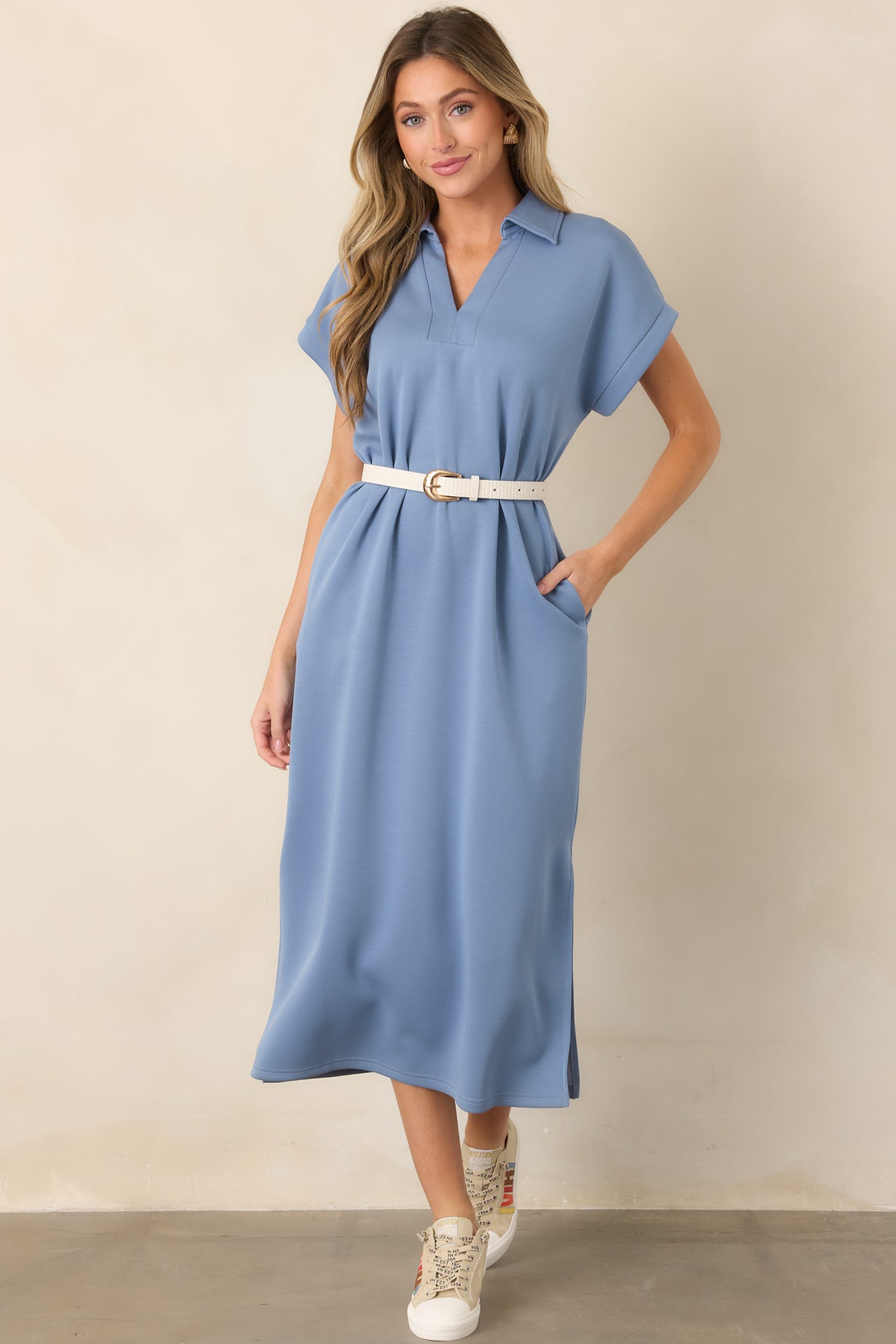 midi cotton shirt dress Women's Made The Right Call Chambray Blue Collared T-Shirt | Size: L Print Scale_Medium Print Larna Cable Knit Mini soft and comfortable Size:000
