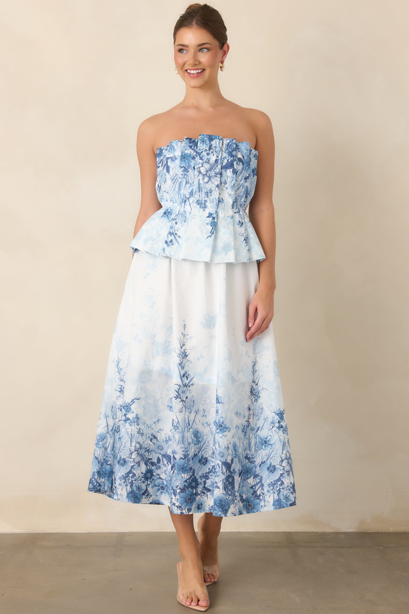 Red Dress | Blue Floral Cotton Strapless Midi Dress