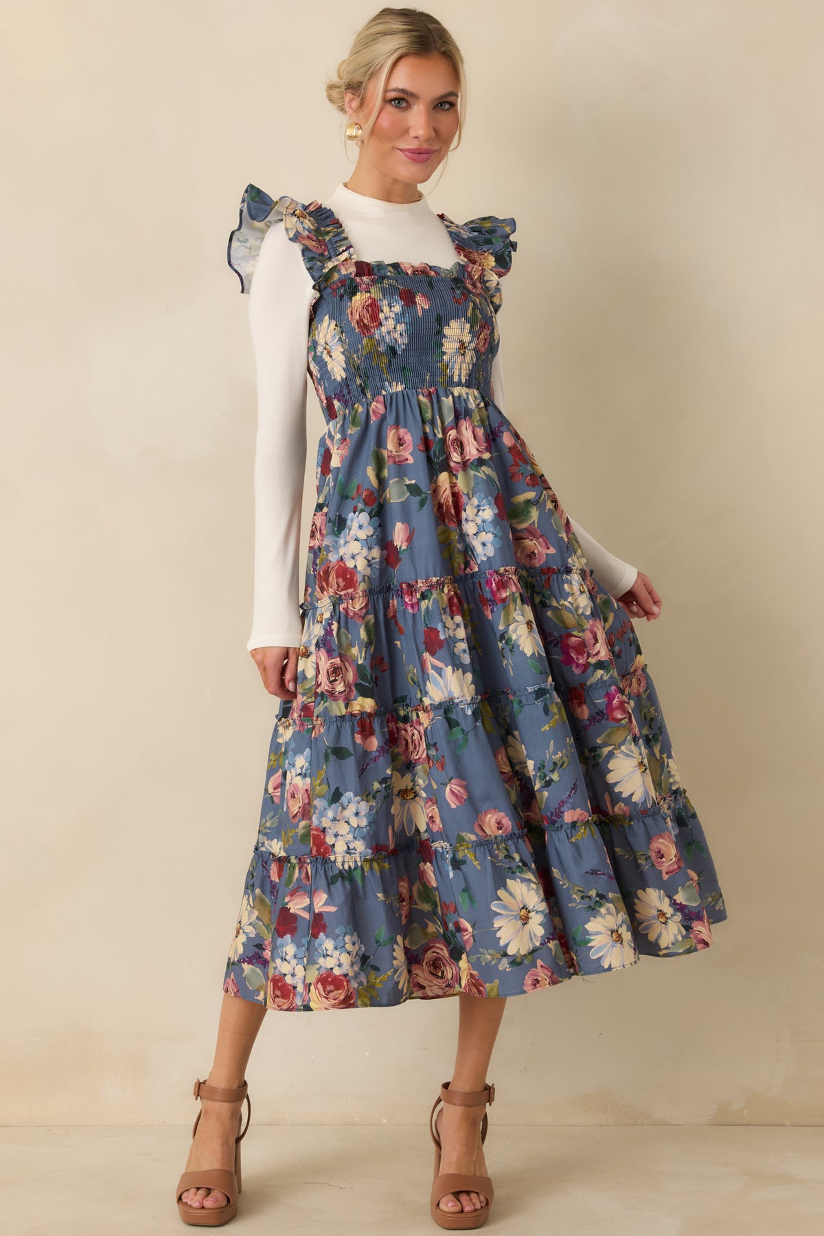 Blue floral dress showcasing a square neckline with ruffled trim, smocked bodice, flutter straps, and a full midi-length skirt.