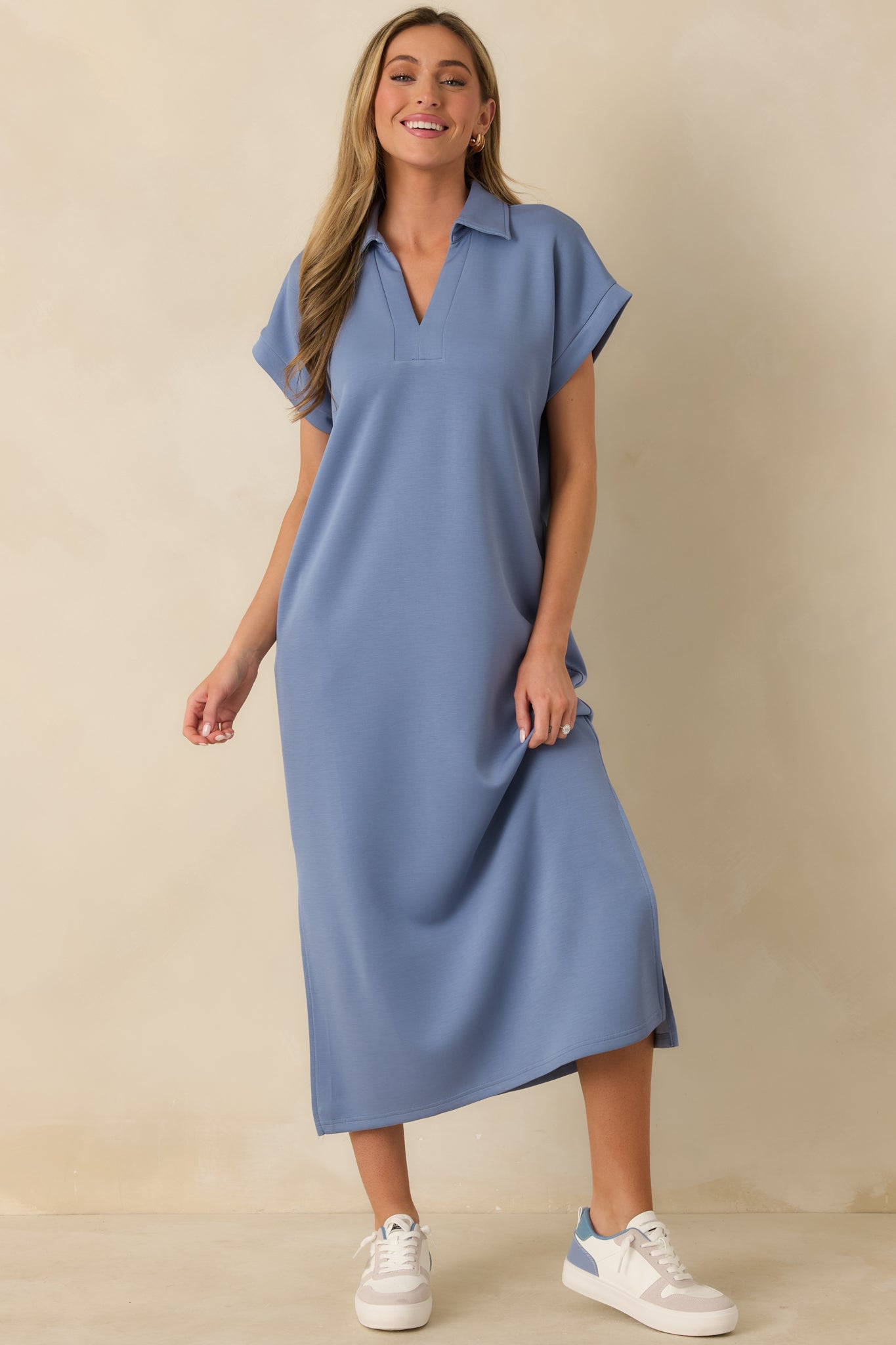 slim fit dress slacks Made The Right Call Chambray Blue Collared Midi T-Shirt Dress