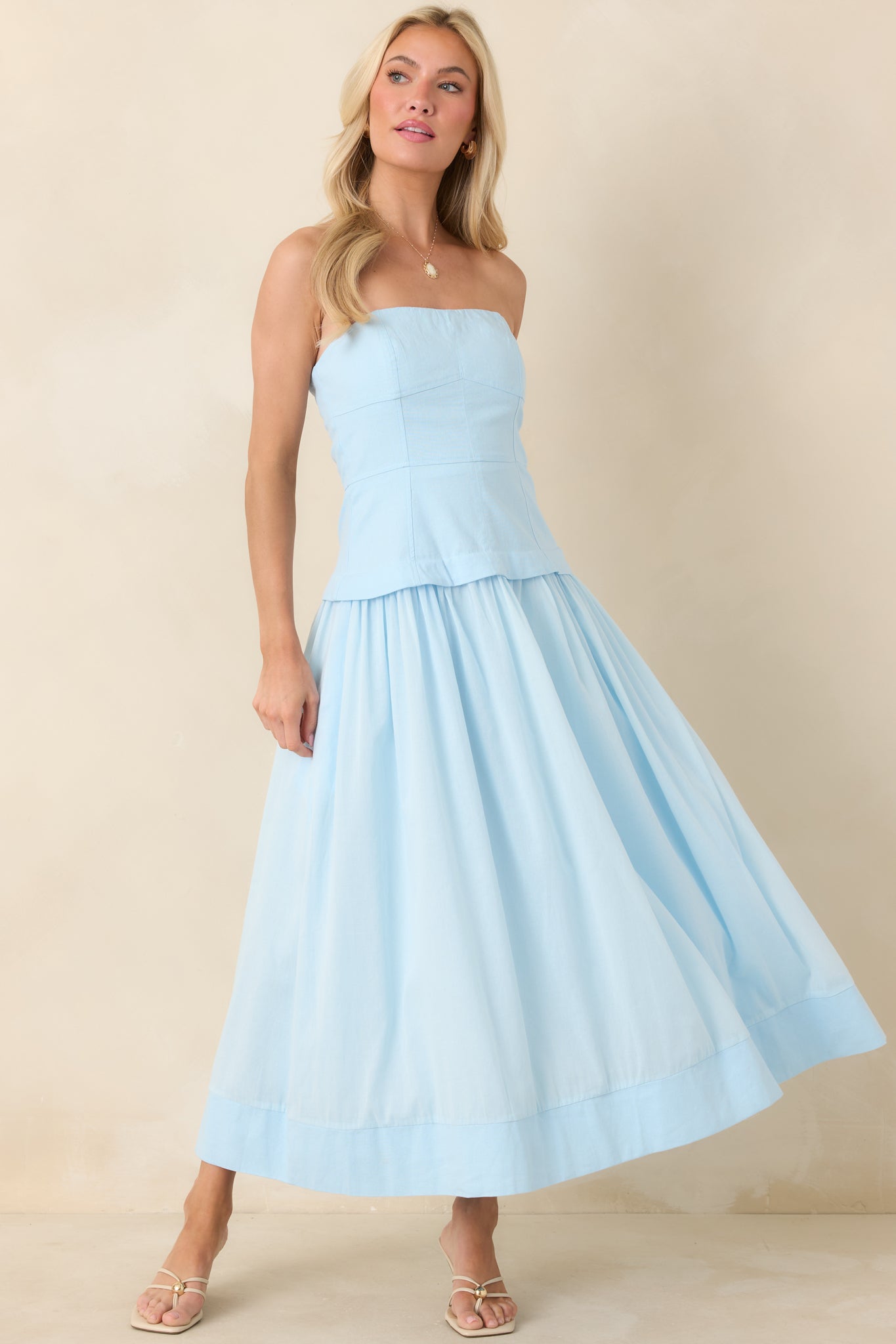 You Already Know Blue Cotton Bustier Bodice Strapless Midi Dress You Already Know Blue Cotton Bustier Bodice Strapless Midi Dress