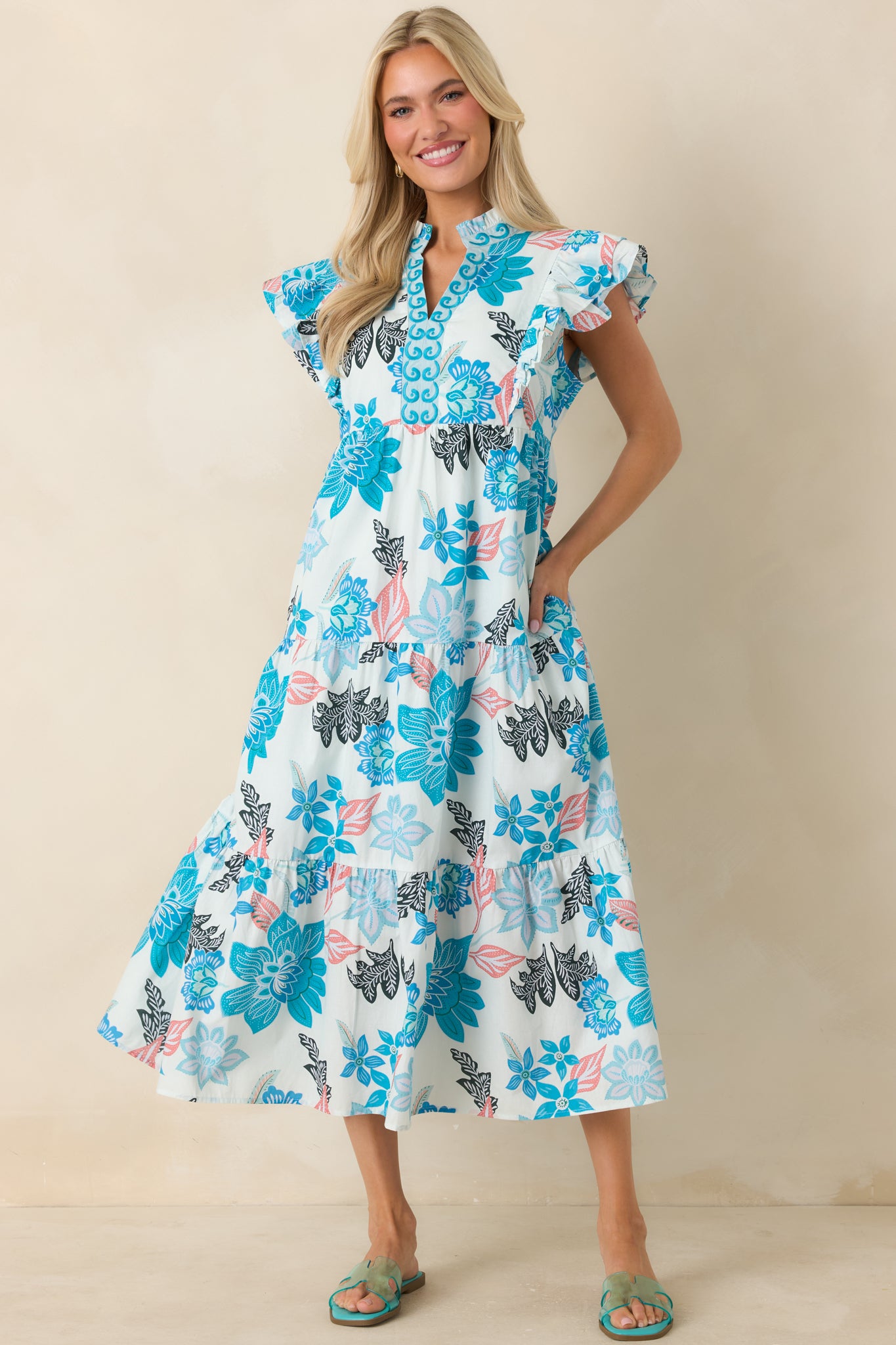 Women's Artful Ease Teal Multi Embroidered Cotton Tiered Midi Dress | Size: M