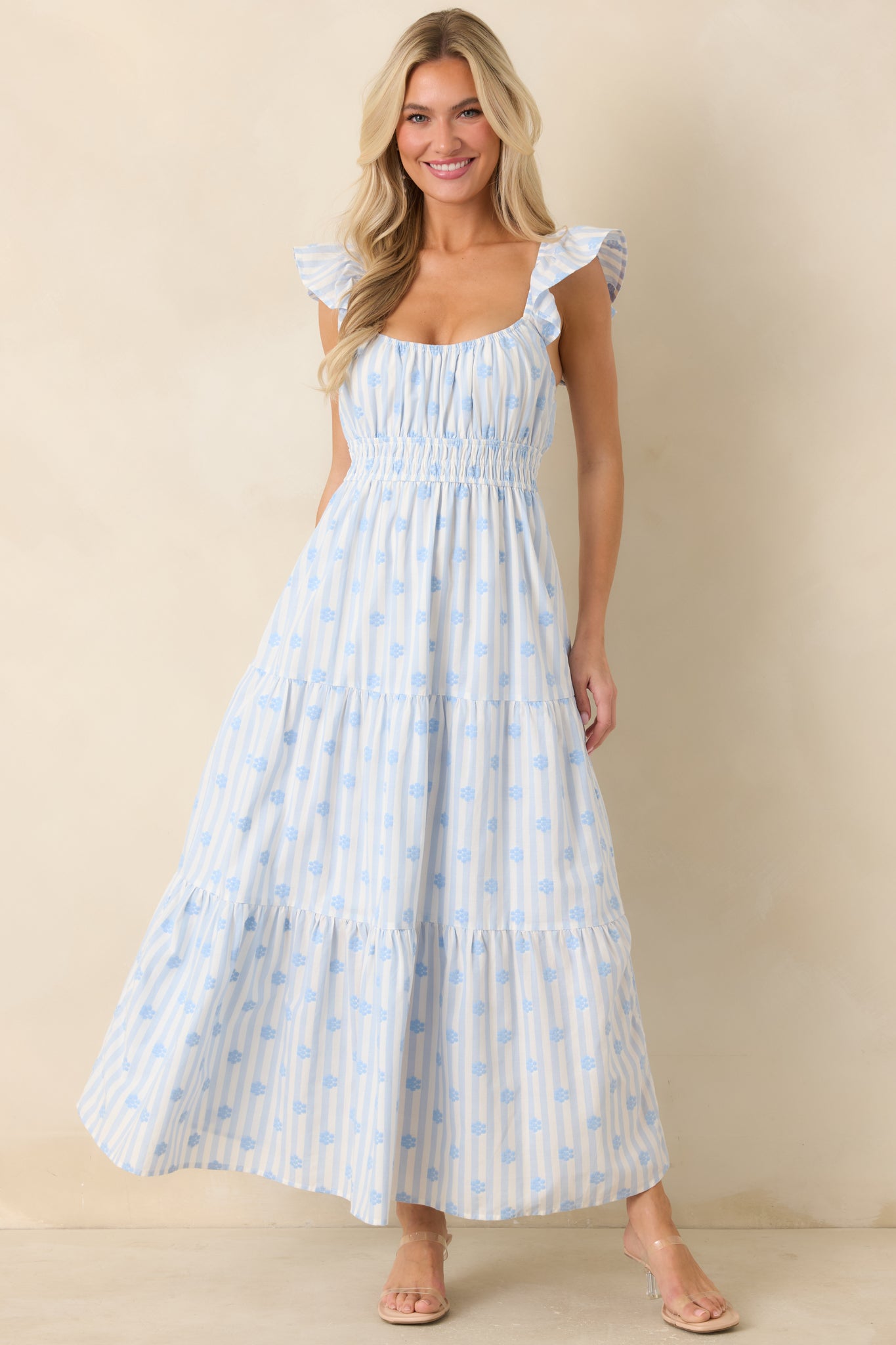 Women's Meadow Mornings Blue Stripe Floral Embroidered Cotton Maxi Dress | Color: Light Blue | Size: L