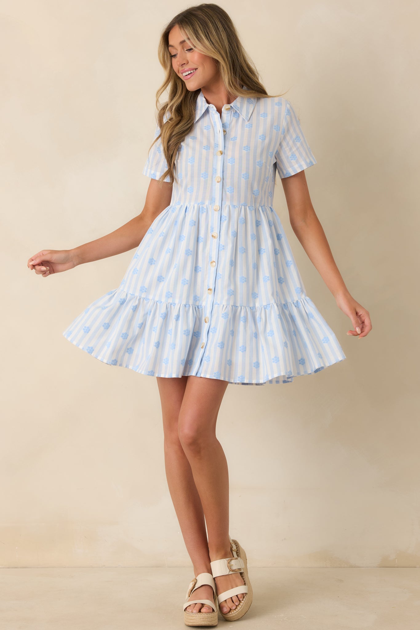 Women's Market Days Blue Stripe Floral Embroidered Cotton Mini Dress | Color: Light Blue | Size: S
