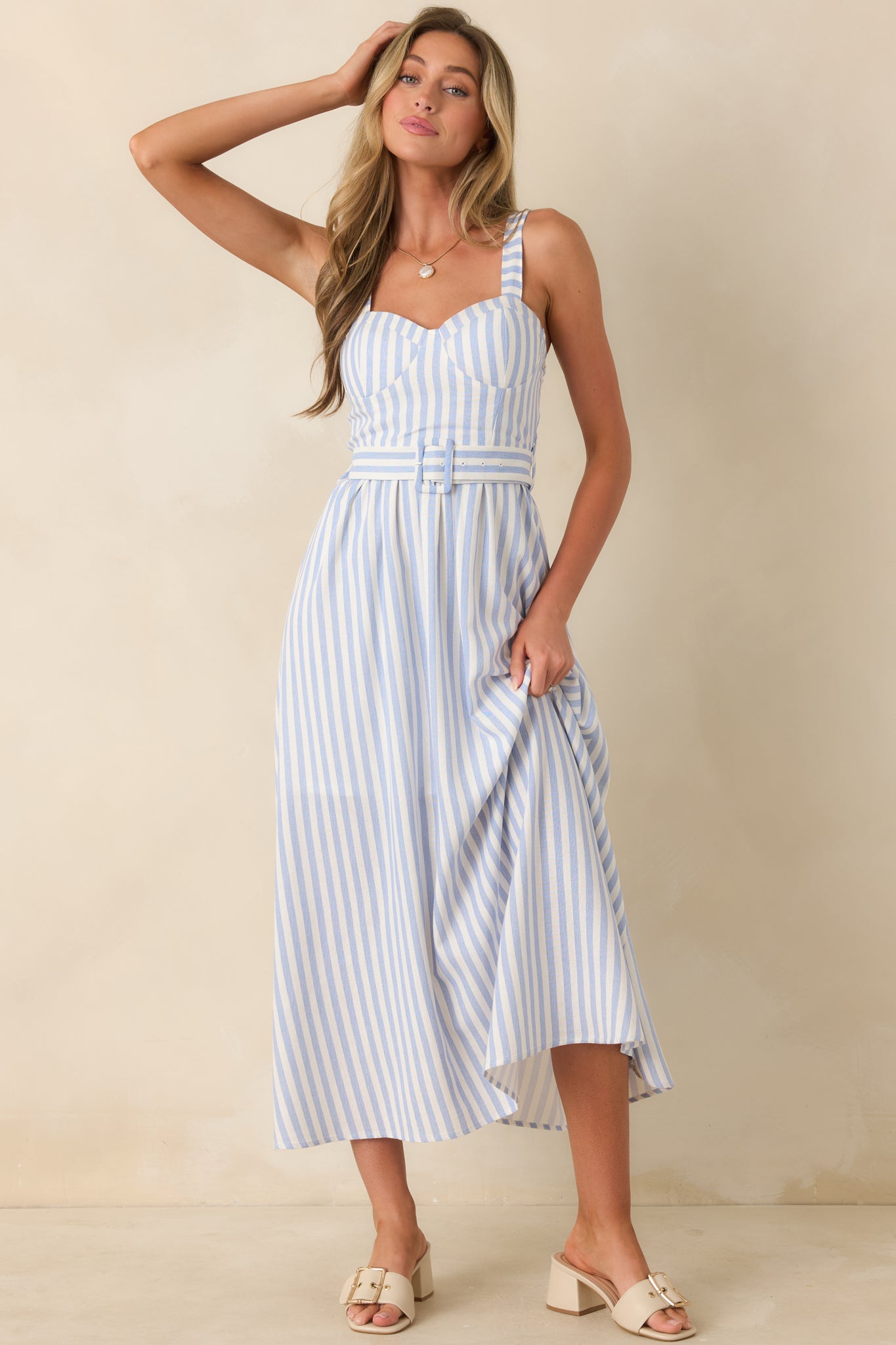 Women's Already Thinking About It Blue Stripe Belted Bustier Midi Dress | Size: L