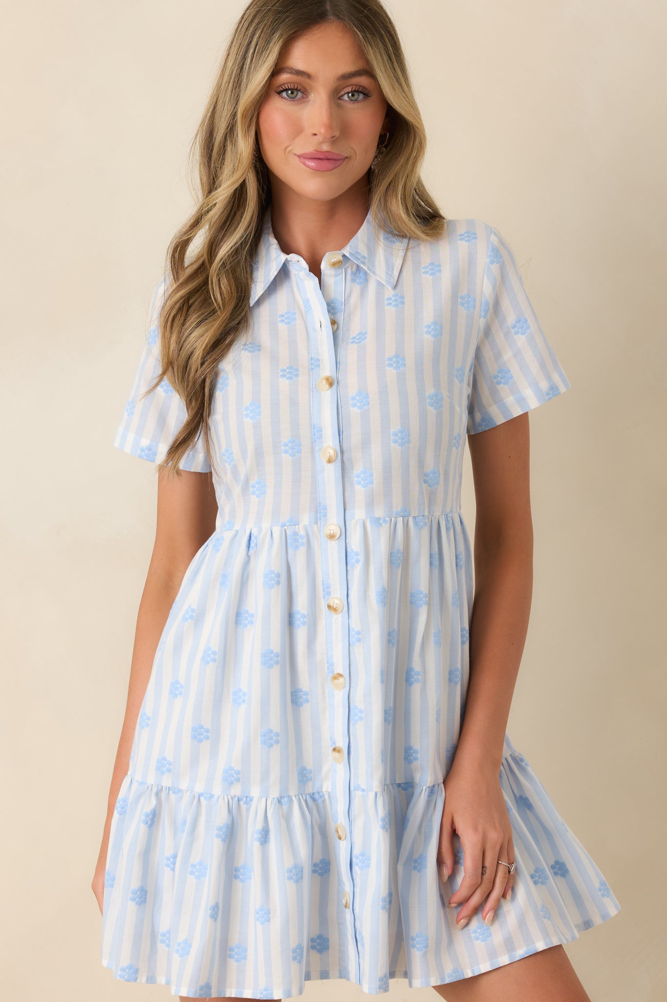Women's Market Days Blue Stripe Floral Embroidered Cotton Mini Dress | Color: Light Blue | Size: S