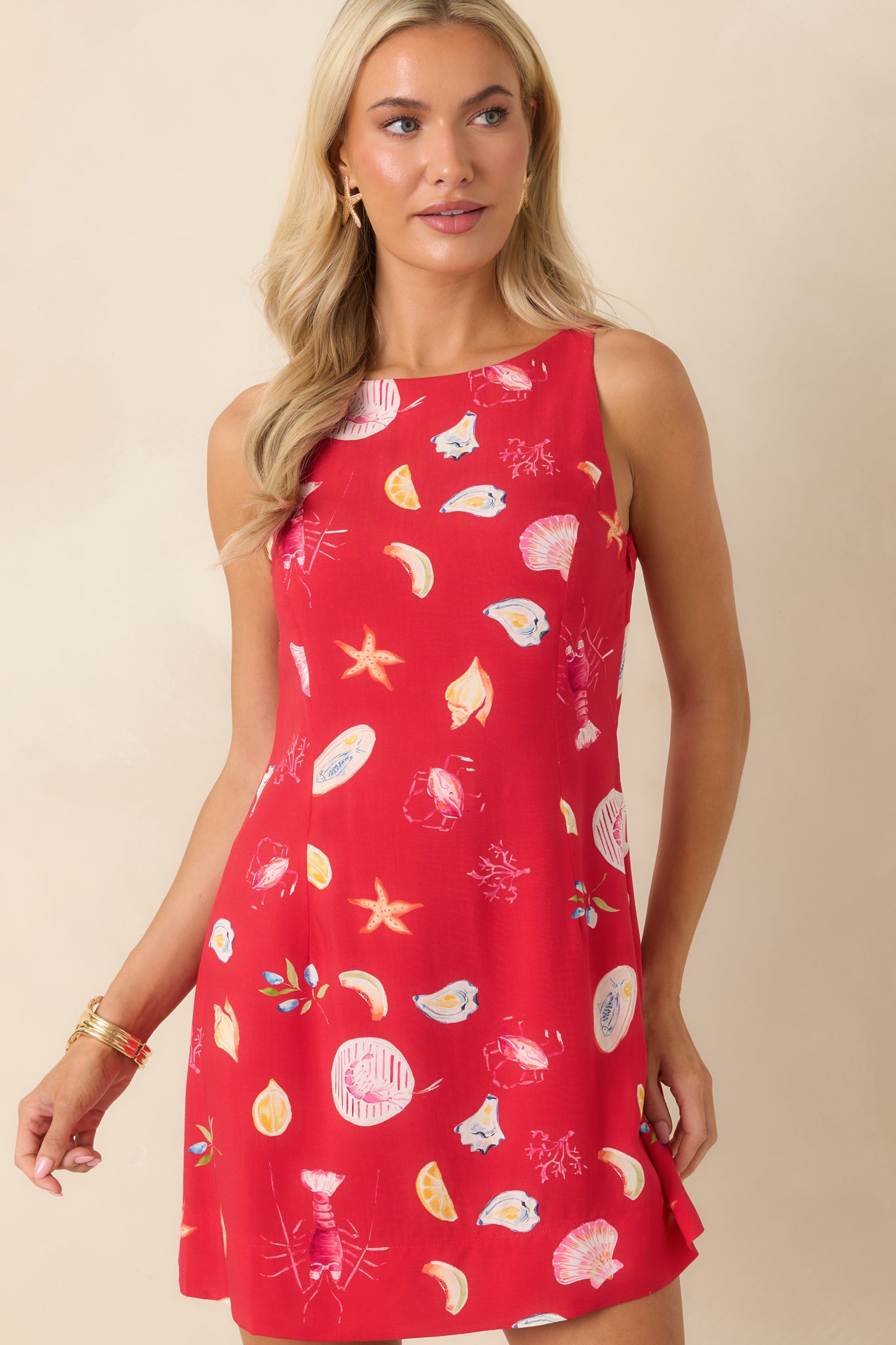 Close view of the boat neckline and sleeveless construction of the coastal print dress.