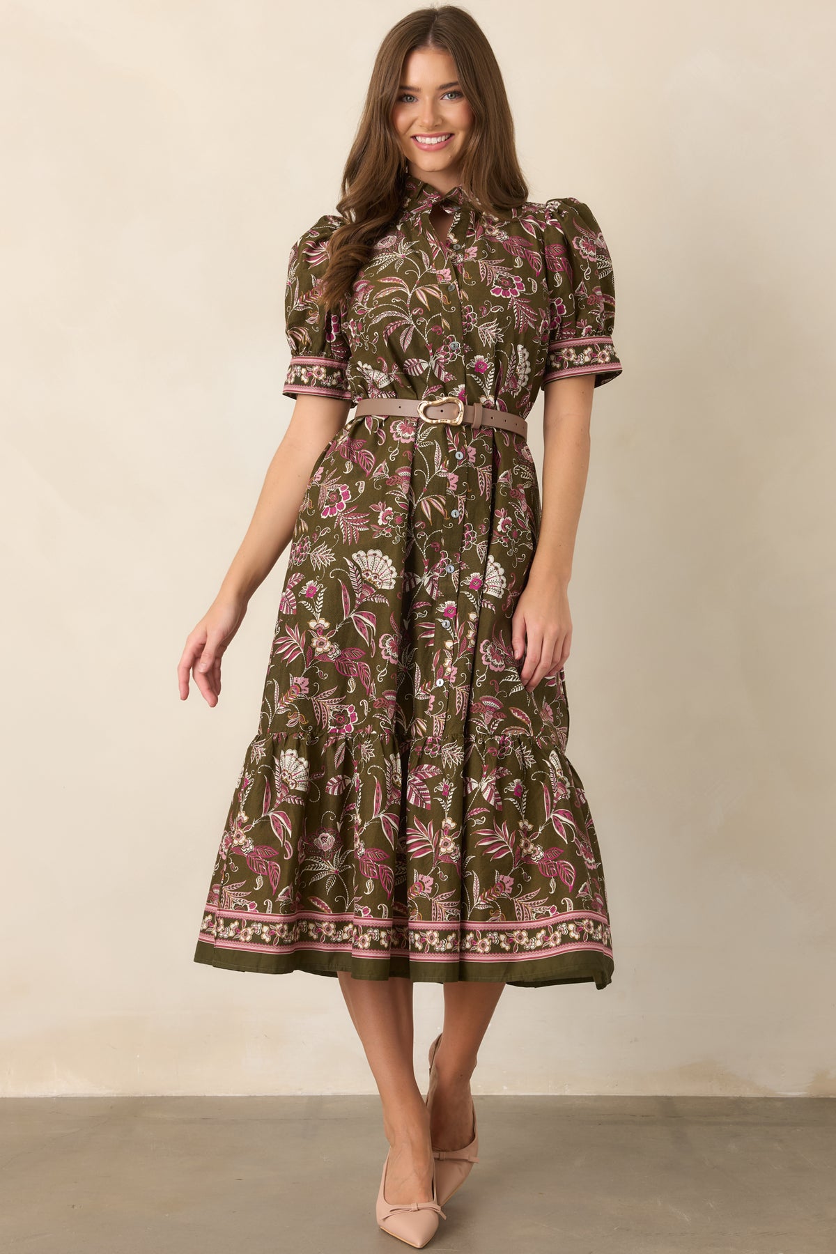 Botanical floral midi dress featuring a collared neckline, button-front design, and relaxed silhouette.