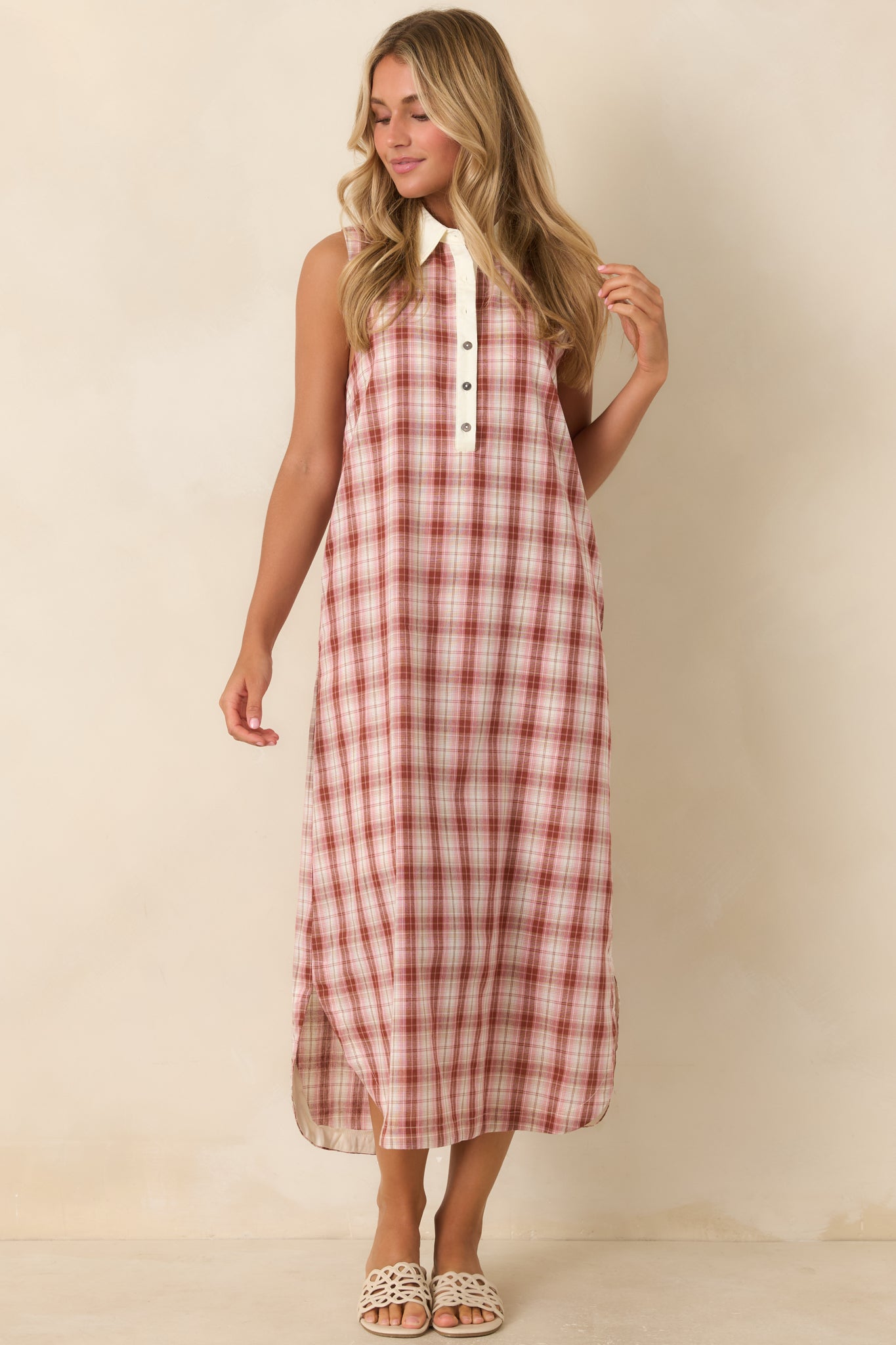 Breathable 100% cotton dress showcasing a polished collar, partial button closure, relaxed fit, and functional pockets.