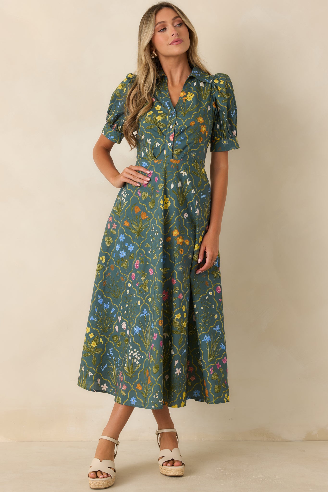 Breathable floral midi dress with a button-front design, full skirt silhouette, and timeless botanical pattern.