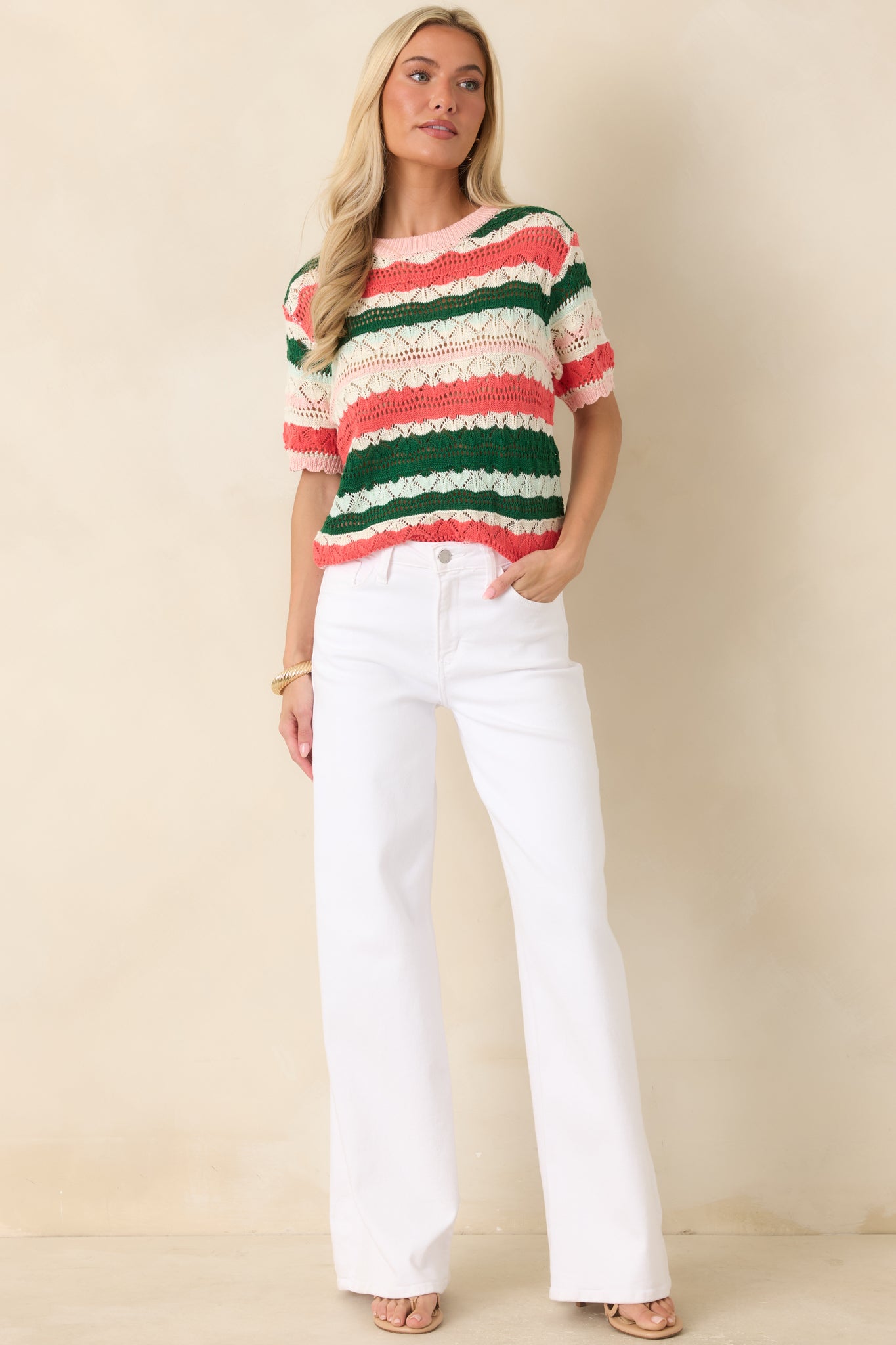Breathable striped knit top featuring intricate openwork pointelle details, a ribbed crew neckline, and a comfortable lightweight silhouette.