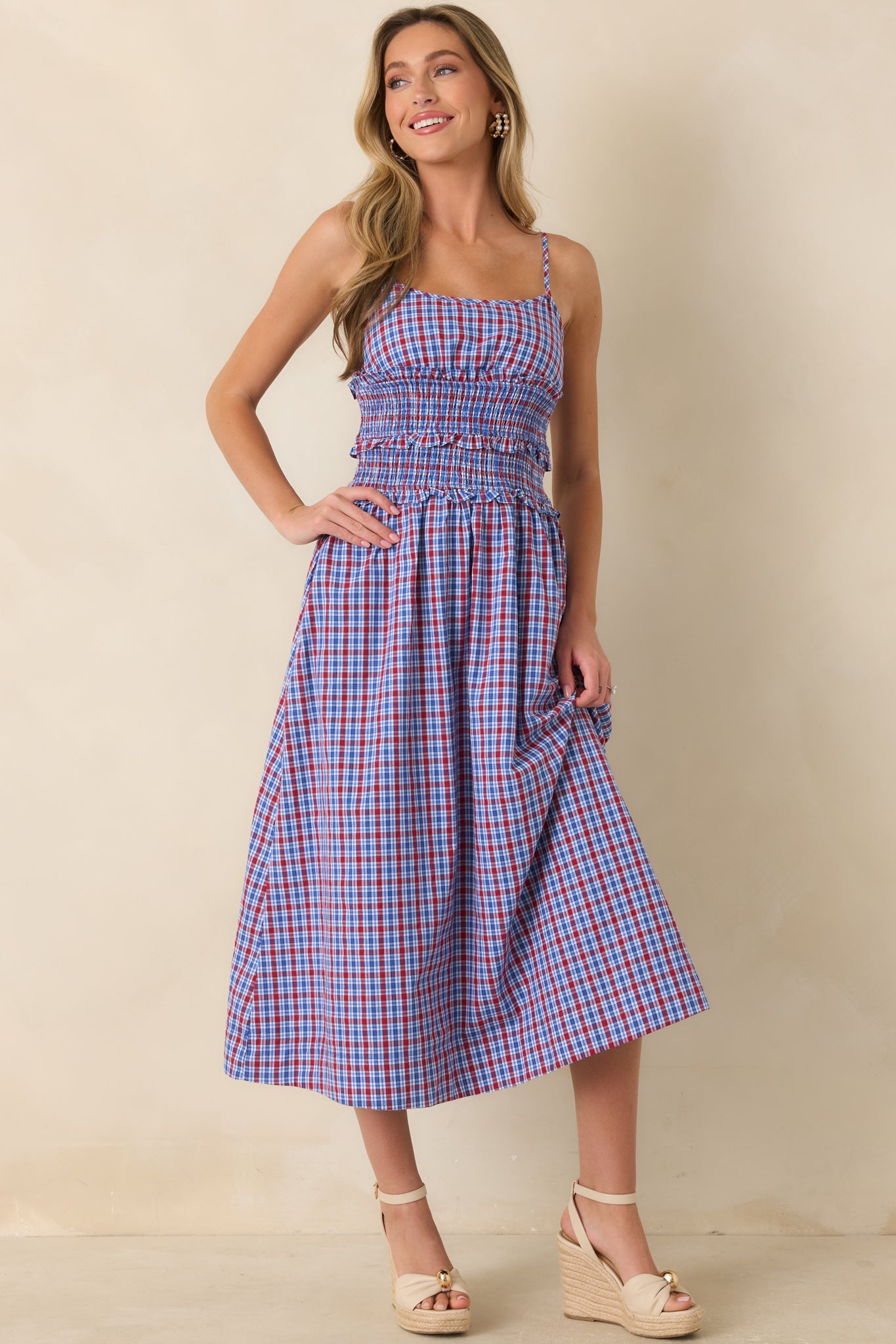 summer dress cotton for women Women's Story Red & Blue Plaid Midi | Size: S Burgundy Bridesmaid Dress Long featuring delicate lace details mtortw Size:US-German Size 16-48