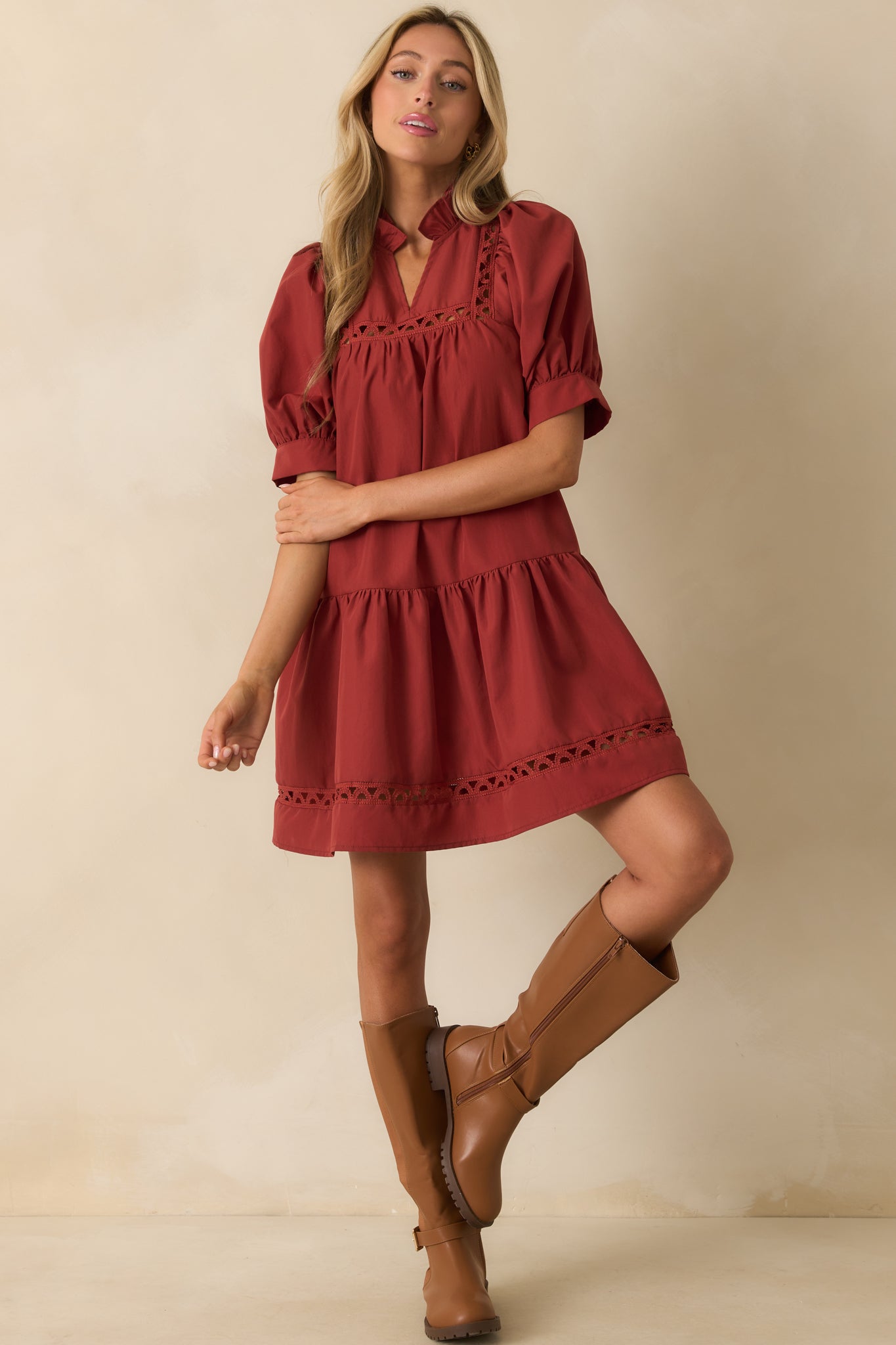 Feels Just Right Brick Red Puff Sleeve Embroidered Eyelet Mini Dress Feels Just Right Brick Red Puff Sleeve Embroidered Eyelet Mini Dress
