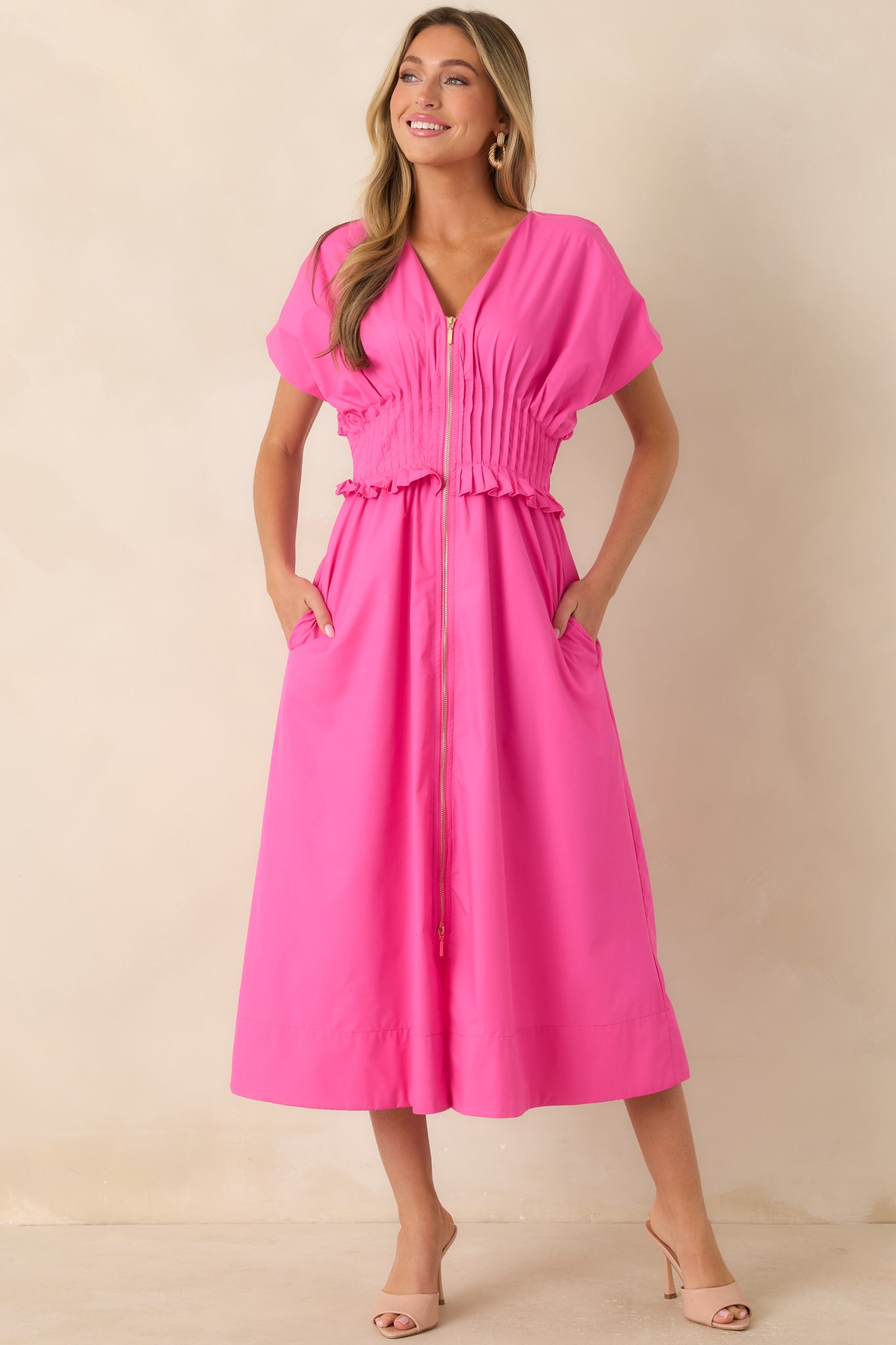 Women's Entro Let It Be Easy Fuchsia Smocked Waist Zip Maxi Dress | Color: Pink | Size: M