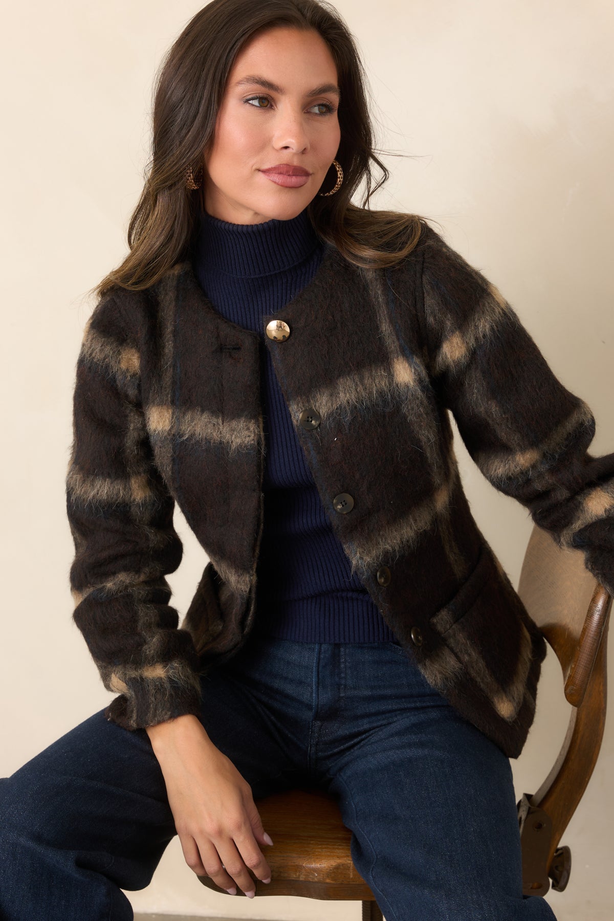 Brown brushed wool-blend jacket featuring the refined plaid pattern, shaped waist, and clean back-to-front silhouette.