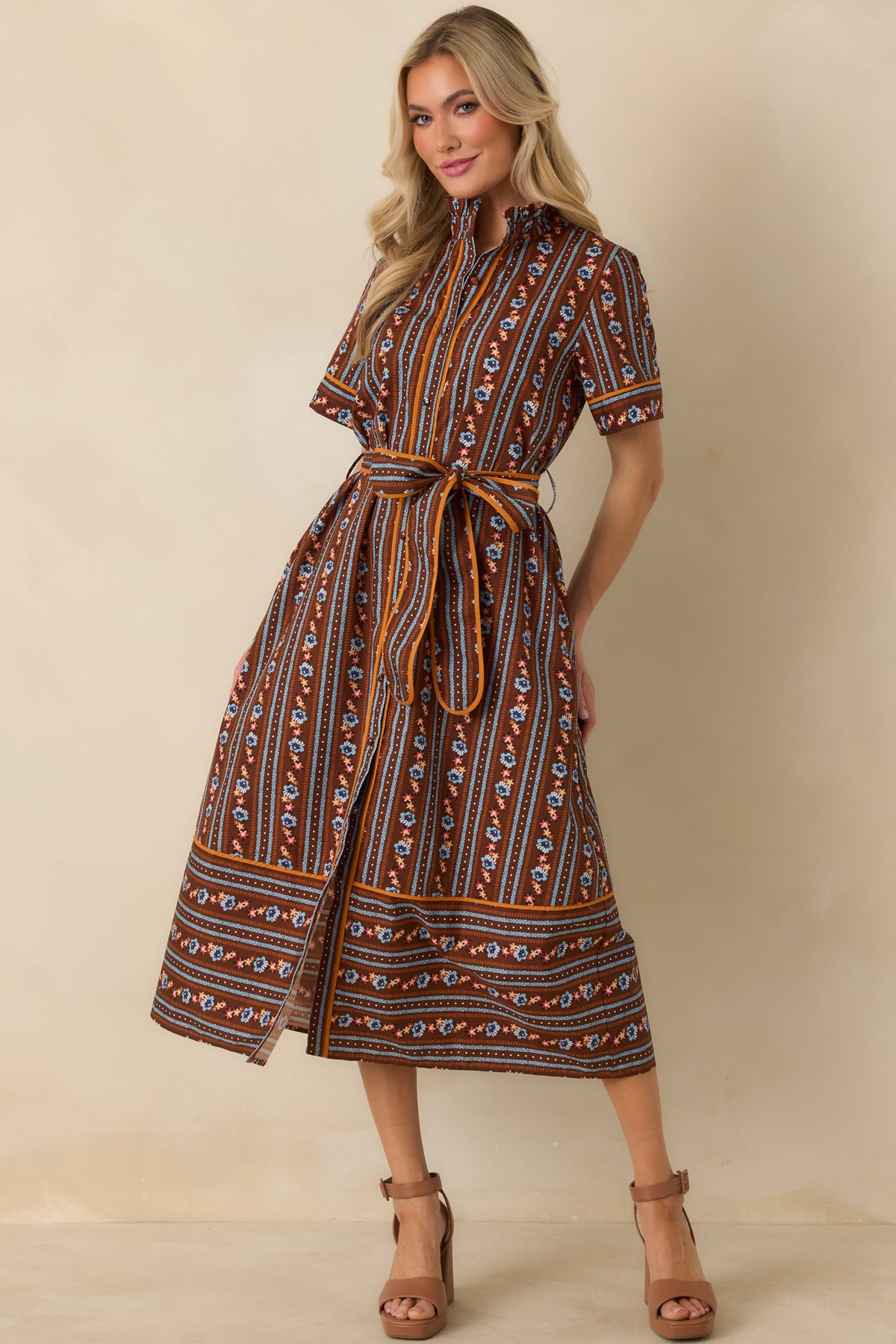 Brown floral A-line dress featuring colorful alternating stripes, short sleeves, contrasting borders, and a removable tie belt.
