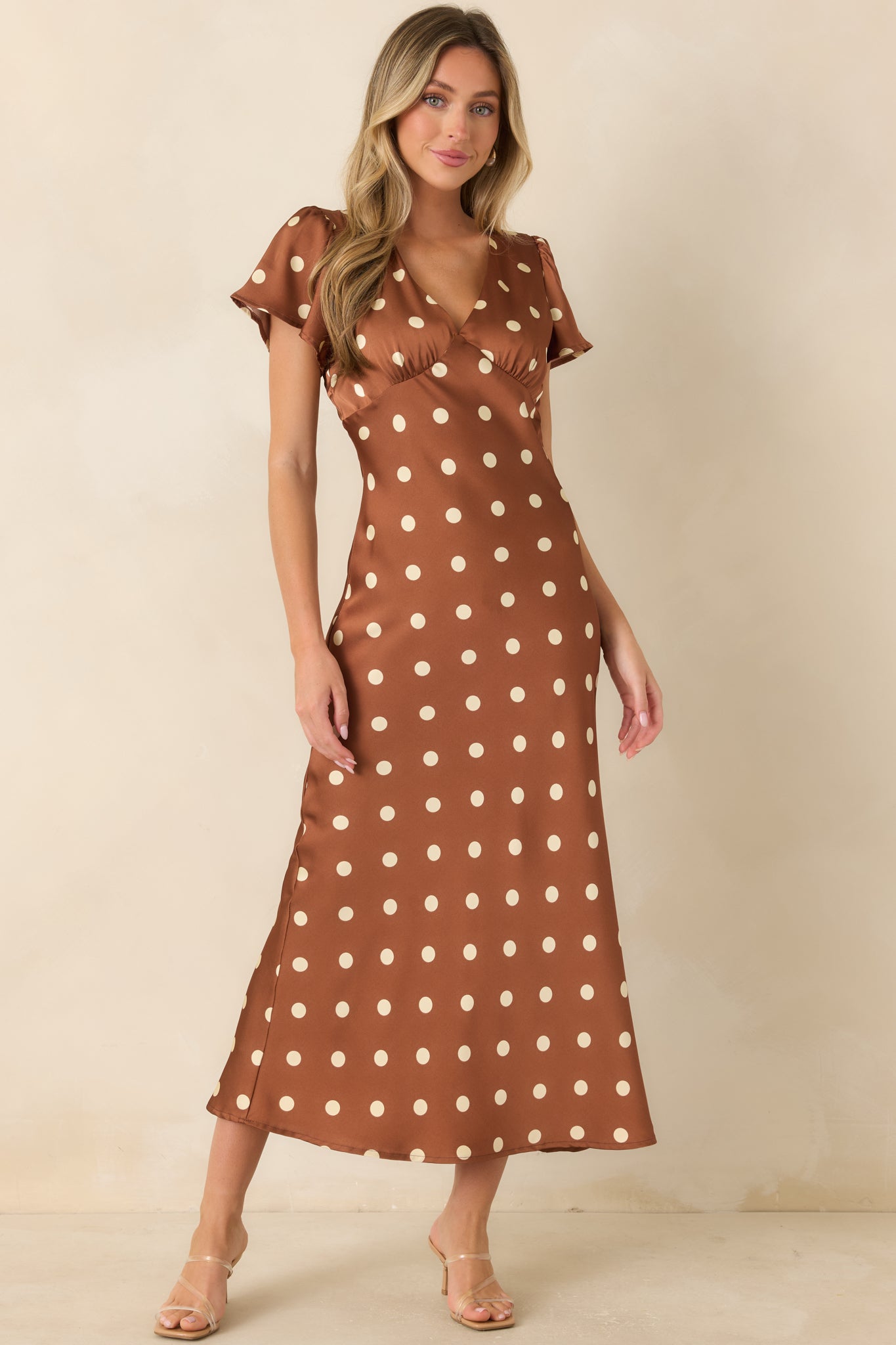 Women's Forever Classic Brown Polka Dot Satin Midi Dress | Size: L