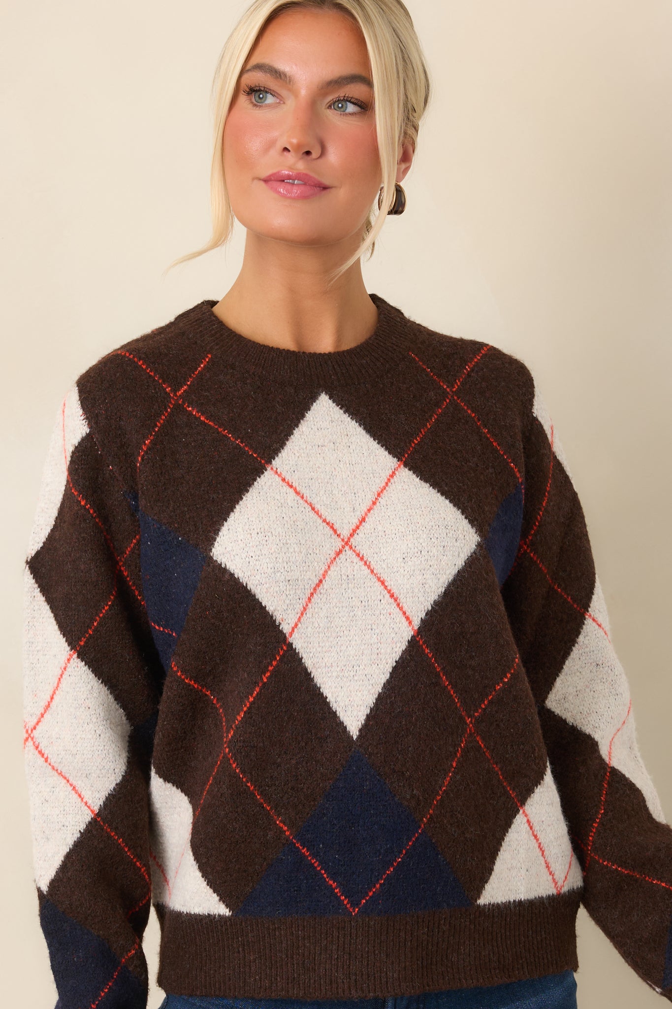 Geometric diamond pattern adds visual texture to the soft brown knit top, finished with a classic crew neckline.