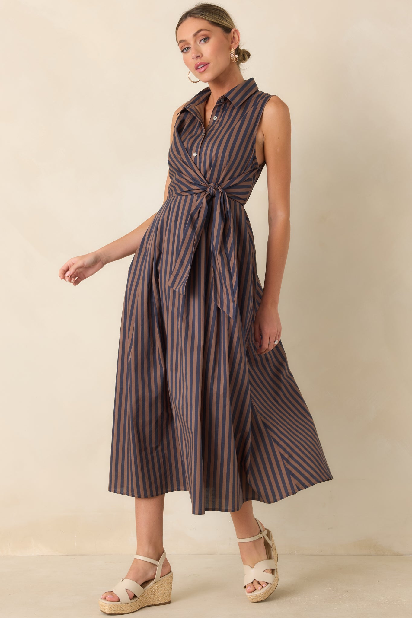 Taking Shape Navy & Tan Striped Tie Front Cotton Midi Dress