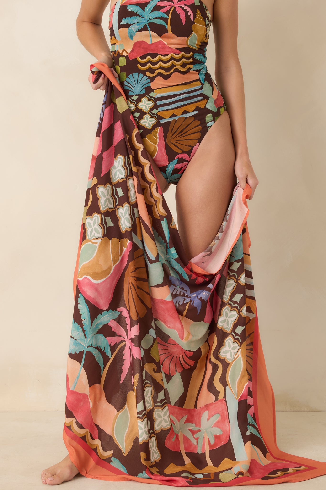 Women's MINKPINK Isola Brown & Orange Multi Vintage Coastal Print Sarong | Size: Os