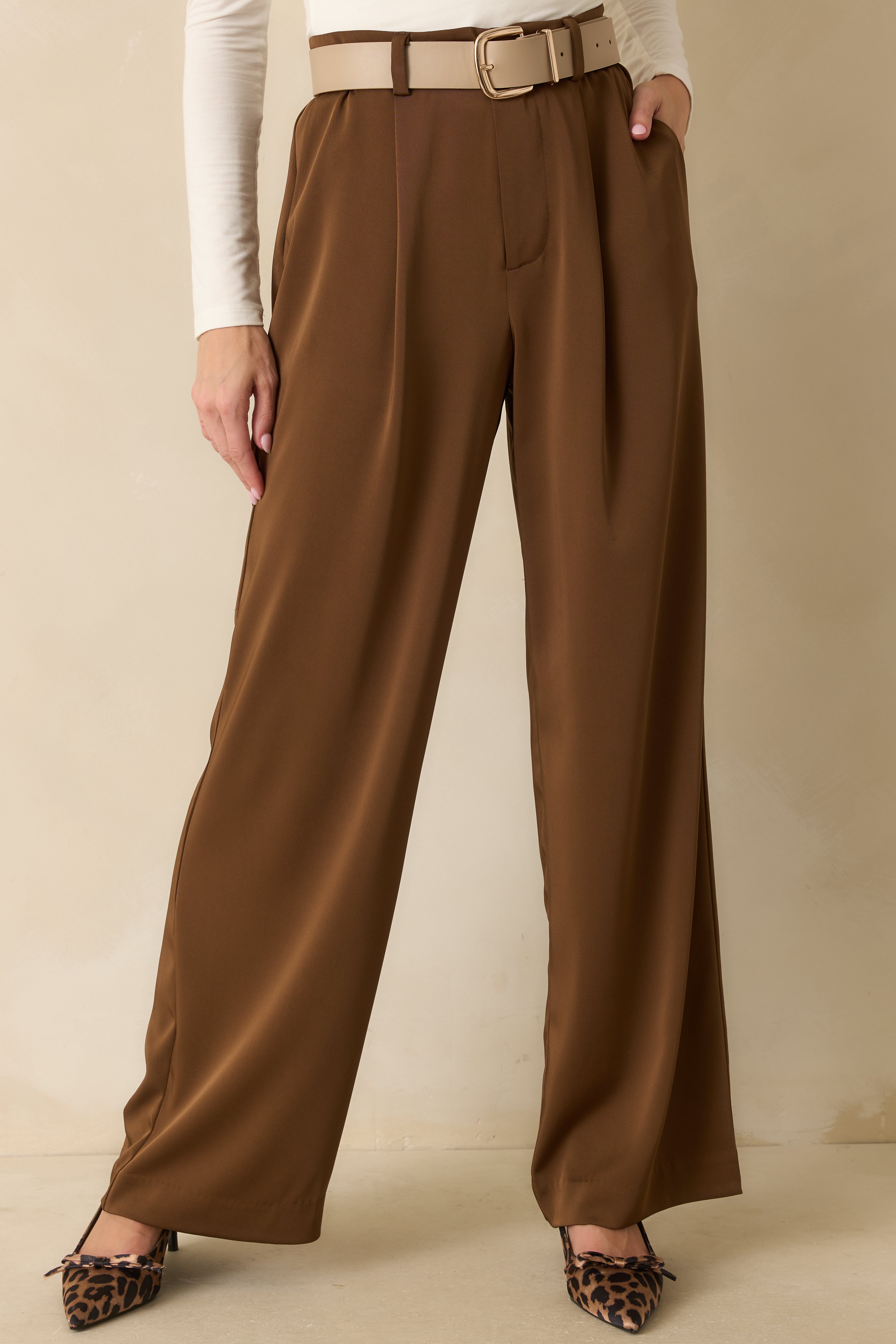 Cropped front view of the brown trousers focusing on the waistband with belt loops and hidden hook closure.