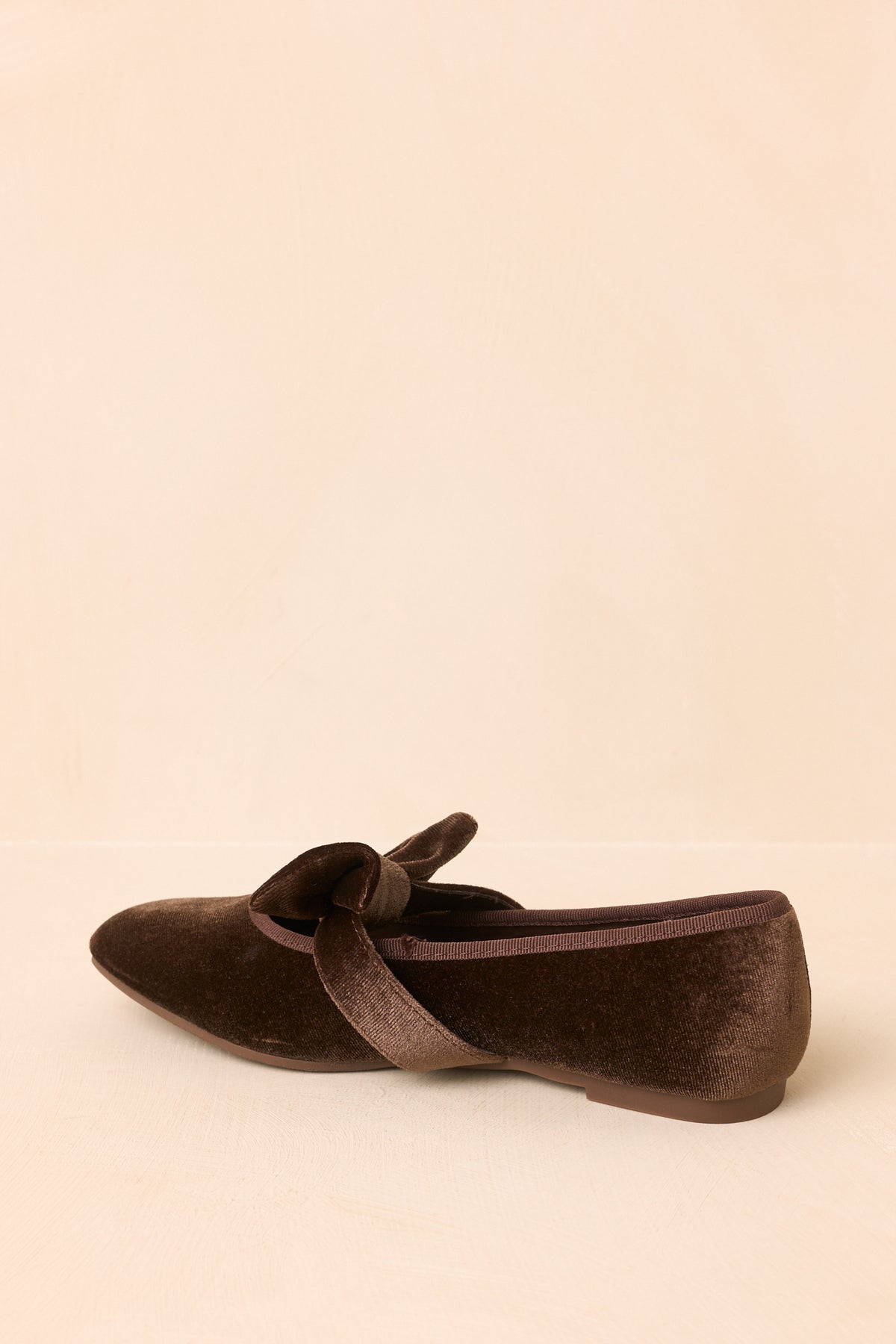 Rich brown velvet flats featuring tonal edging, a bow-adorned strap, and a classic low-heeled profile.
