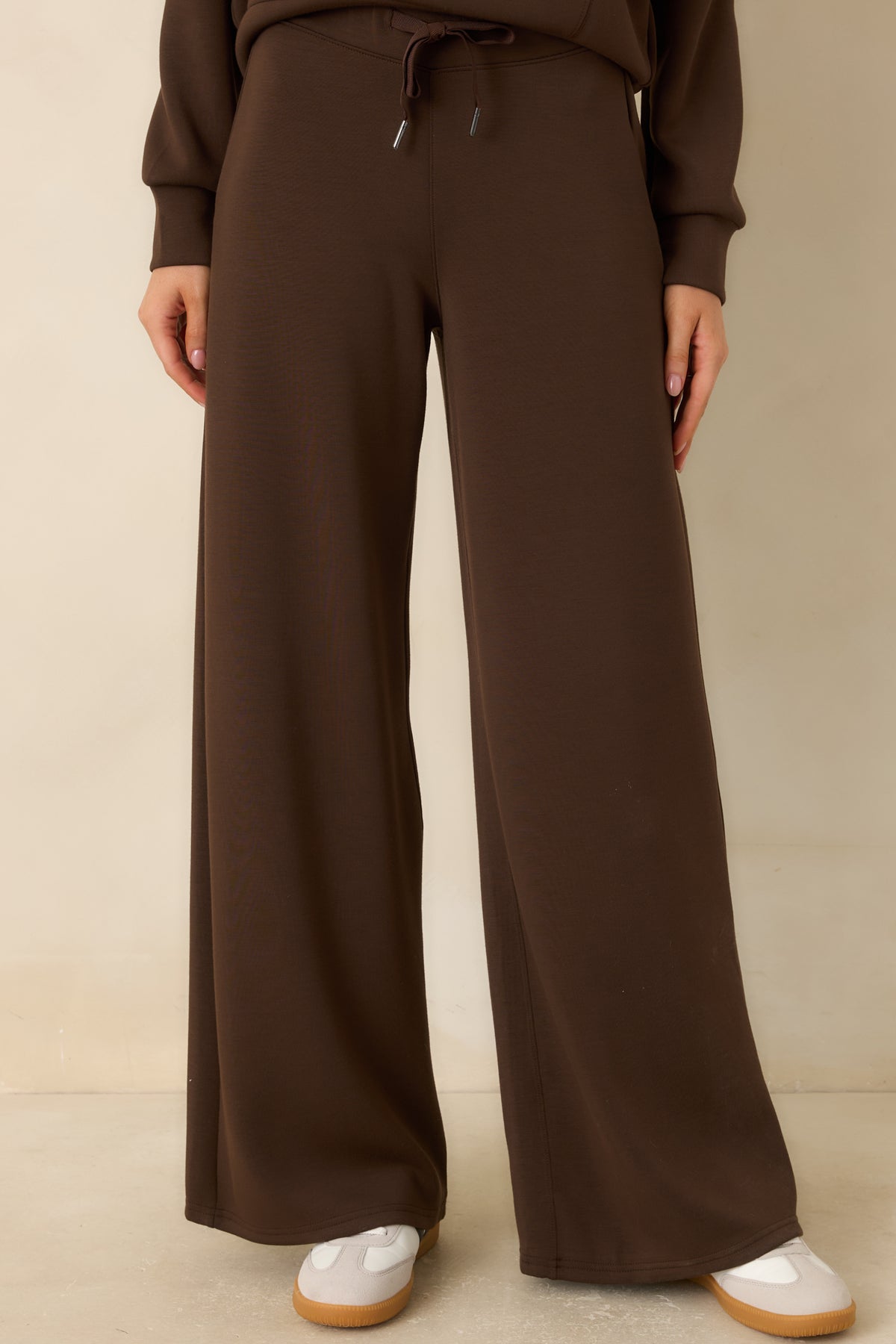 Brown wide-leg pants with an adjustable drawstring and a smooth elasticized pull-on waistband.
