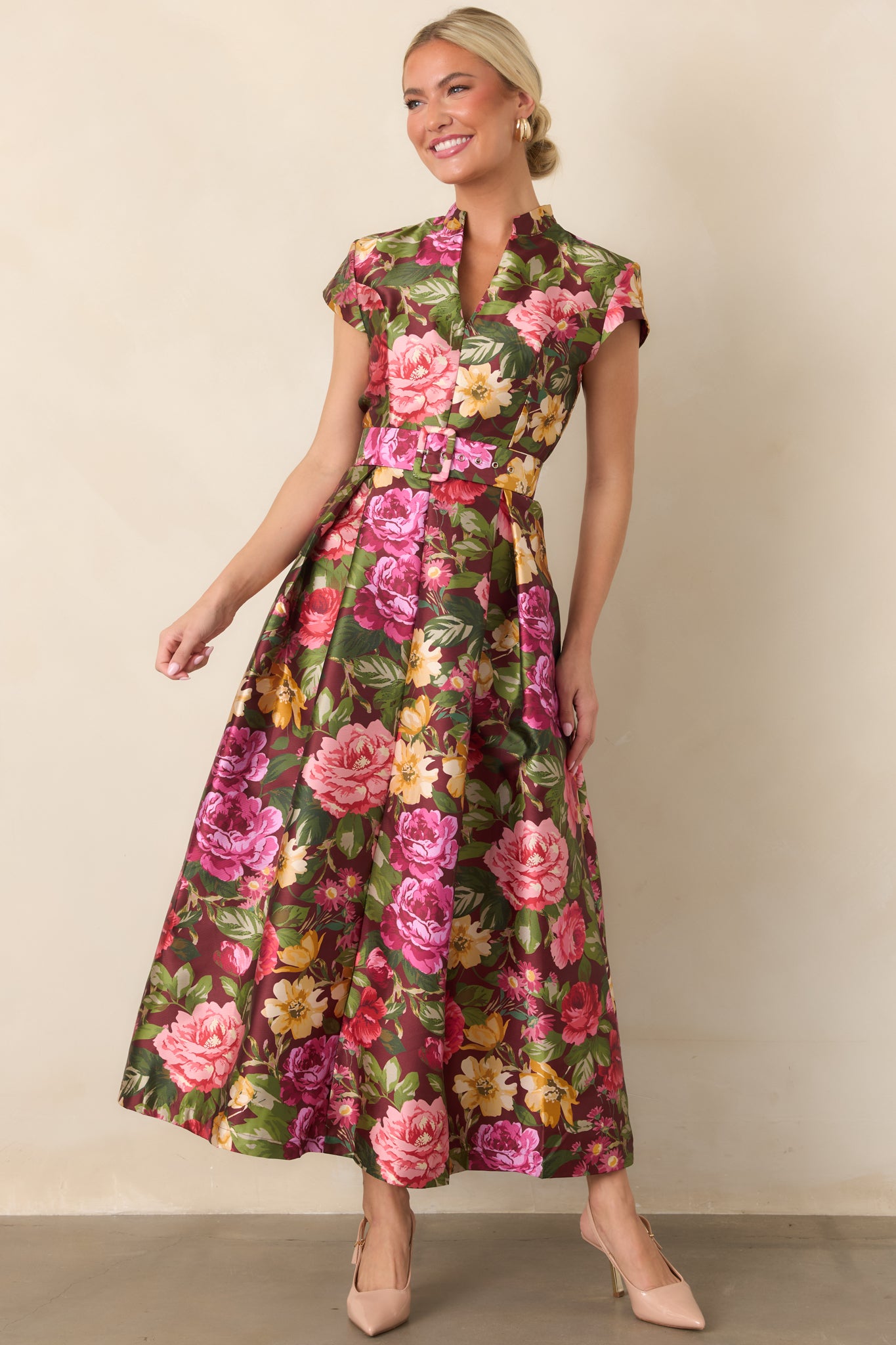 burgundy floral long dress Living Beautifully Multi Belted Maxi Color:Ivory Multi while the long sleeves white dress What is the dress