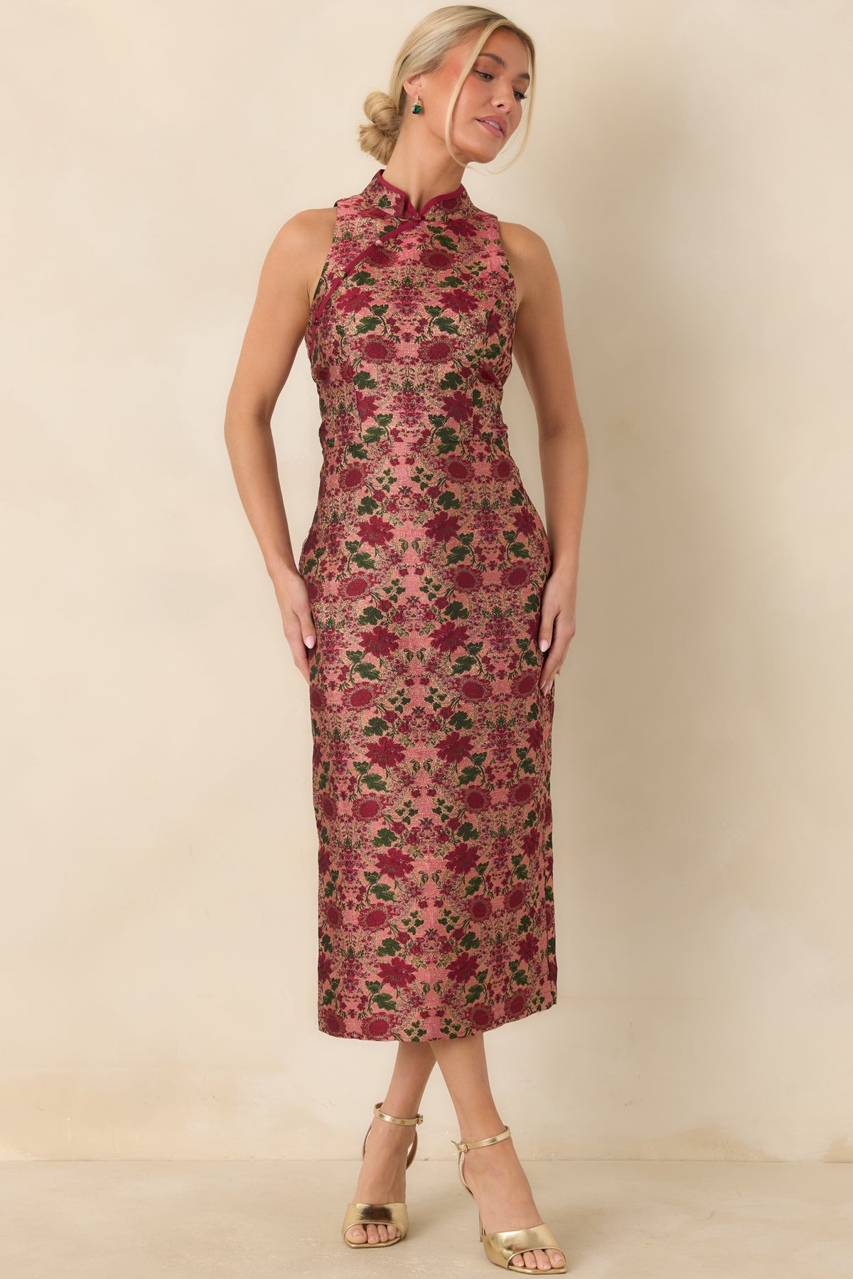 Burgundy floral midi dress with a rose background, mandarin collar, and diagonal button detail.