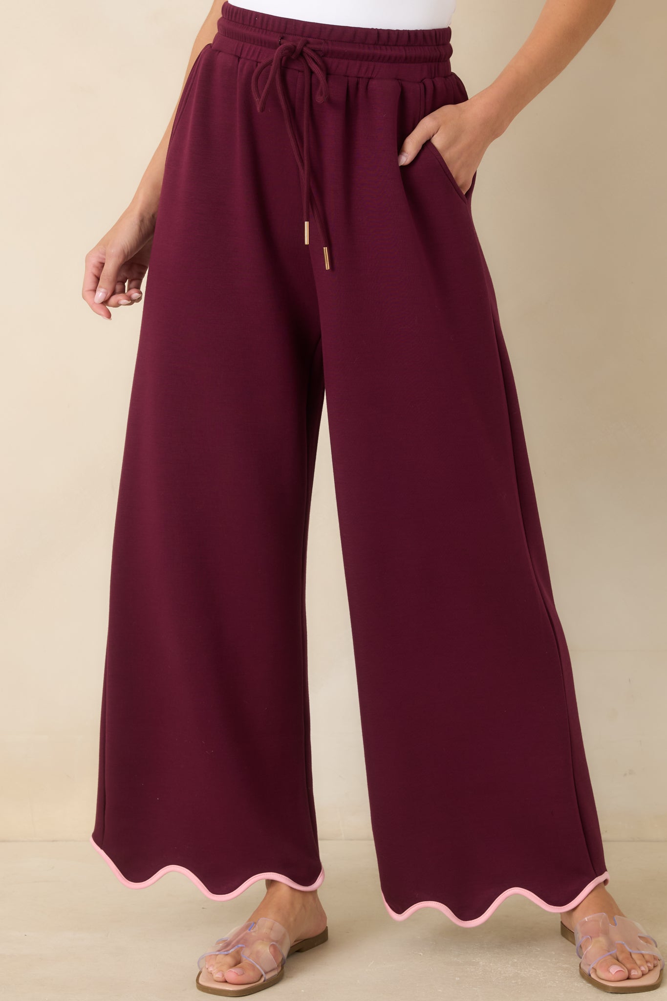 Women's Entro On My Time Burgundy Scalloped Trim Wide Leg Pants | Size: S